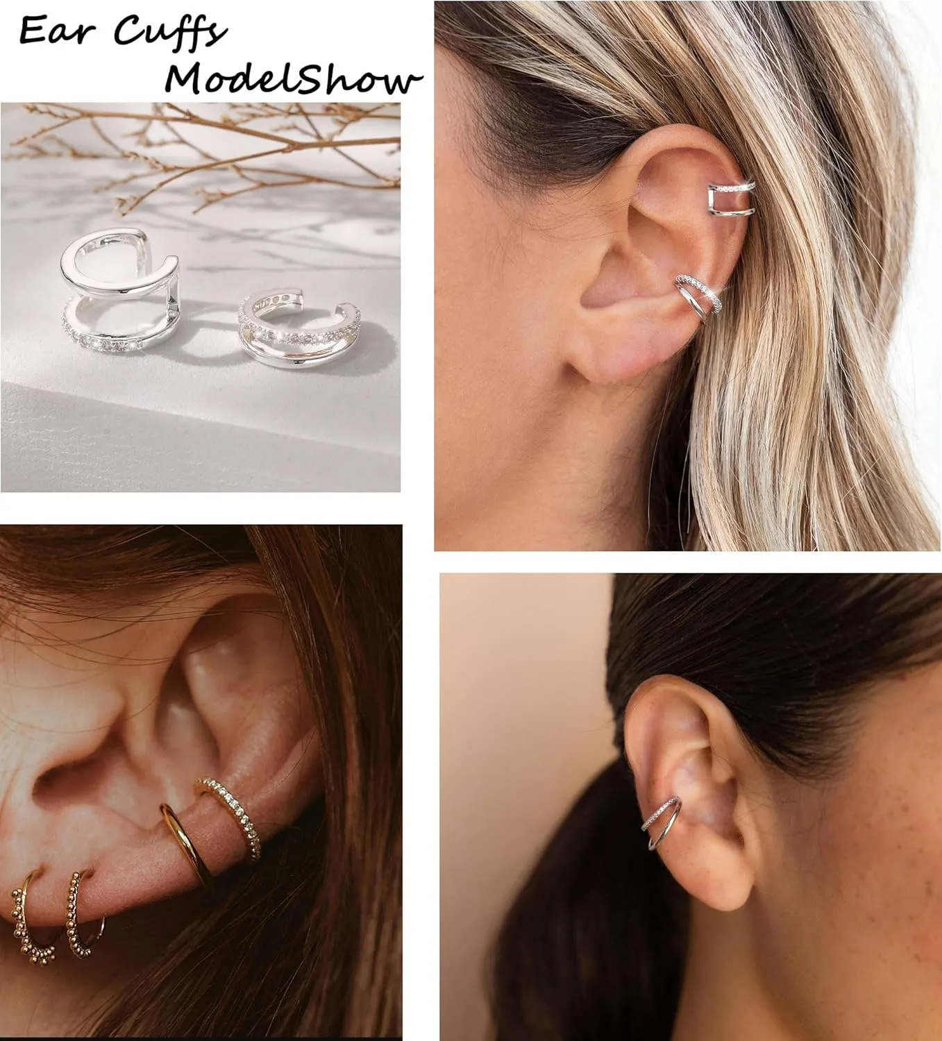 14K Gold Plated Ear Cuff Earrings for Women Non Piercing 925 Sterling Silver Double Band Cubic Zirconia Ear Cuffs Hypoallergenic Clip On Cartilage Trendy Jewelry Gifts
