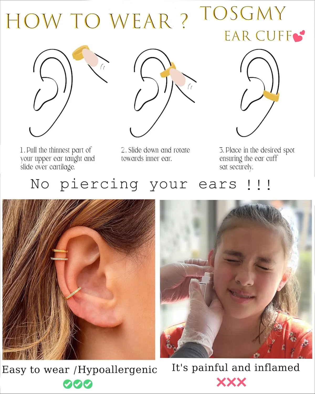 14K Gold Plated Ear Cuff Earrings for Women Non Piercing 925 Sterling Silver Double Band Cubic Zirconia Ear Cuffs Hypoallergenic Clip On Cartilage Trendy Jewelry Gifts