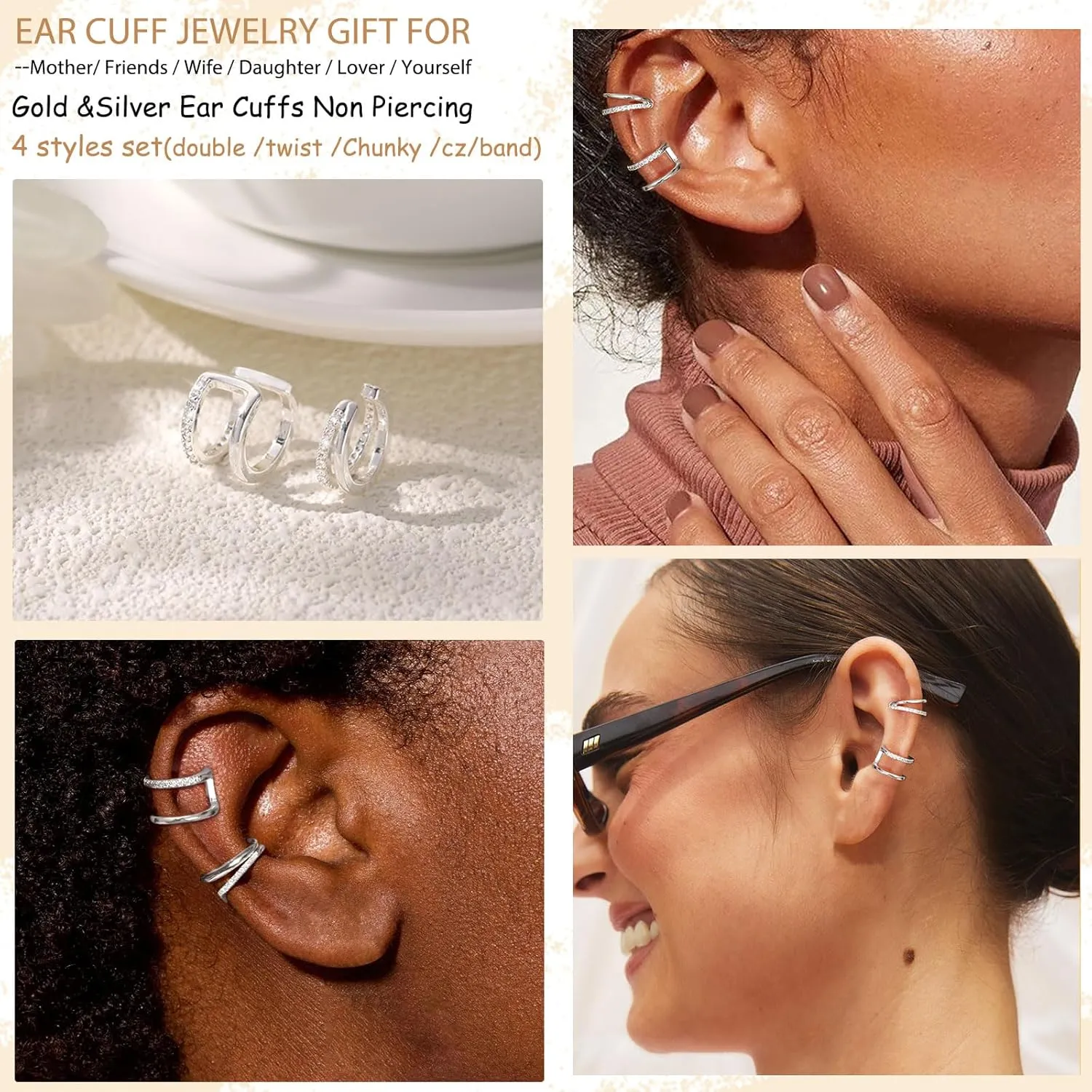 14K Gold Plated Ear Cuff Earrings for Women Non Piercing 925 Sterling Silver Double Band Cubic Zirconia Ear Cuffs Hypoallergenic Clip On Cartilage Trendy Jewelry Gifts