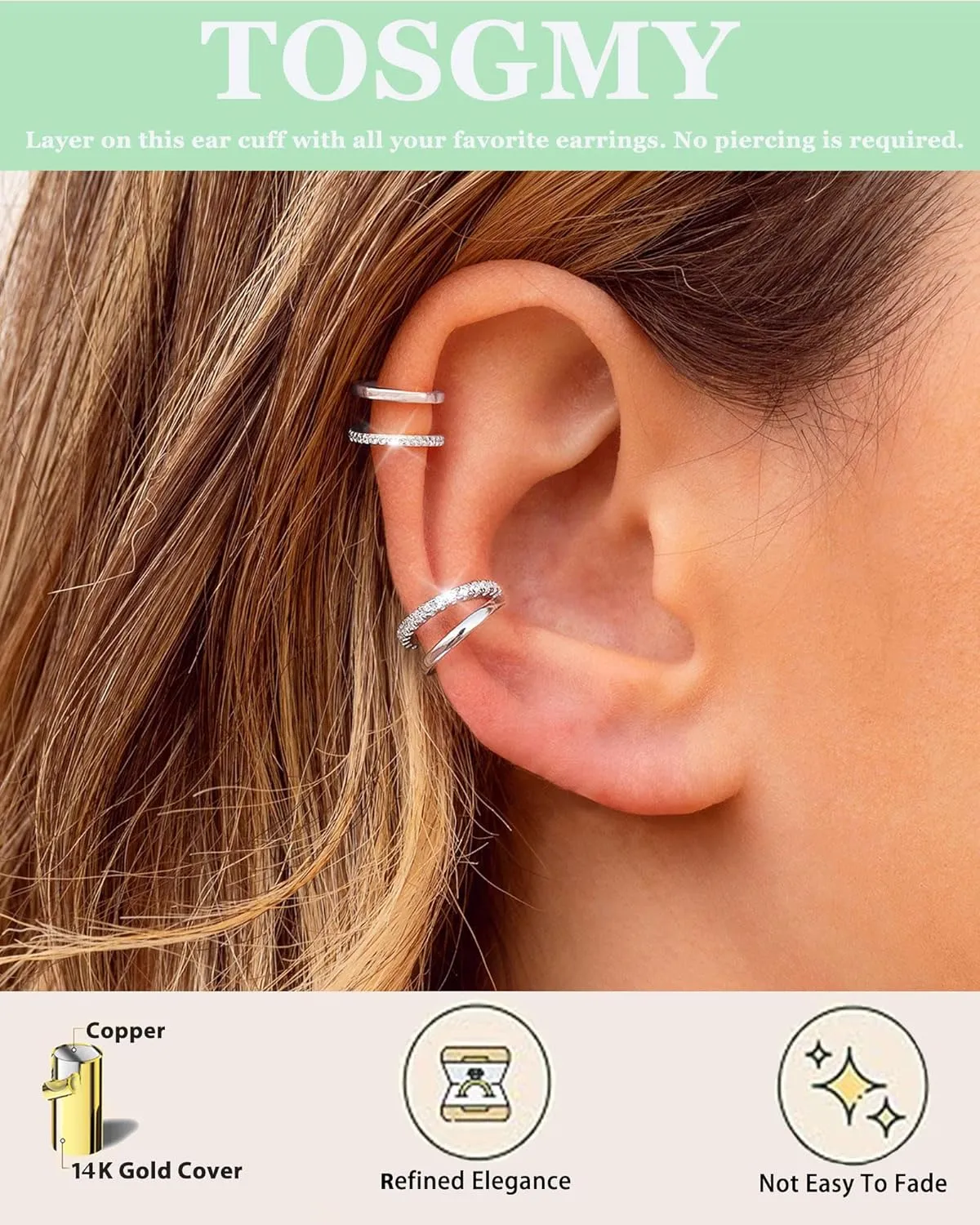14K Gold Plated Ear Cuff Earrings for Women Non Piercing 925 Sterling Silver Double Band Cubic Zirconia Ear Cuffs Hypoallergenic Clip On Cartilage Trendy Jewelry Gifts