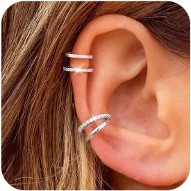 14K Gold Plated Ear Cuff Earrings for Women Non Piercing 925 Sterling Silver Double Band Cubic Zirconia Ear Cuffs Hypoallergenic Clip On Cartilage Trendy Jewelry Gifts