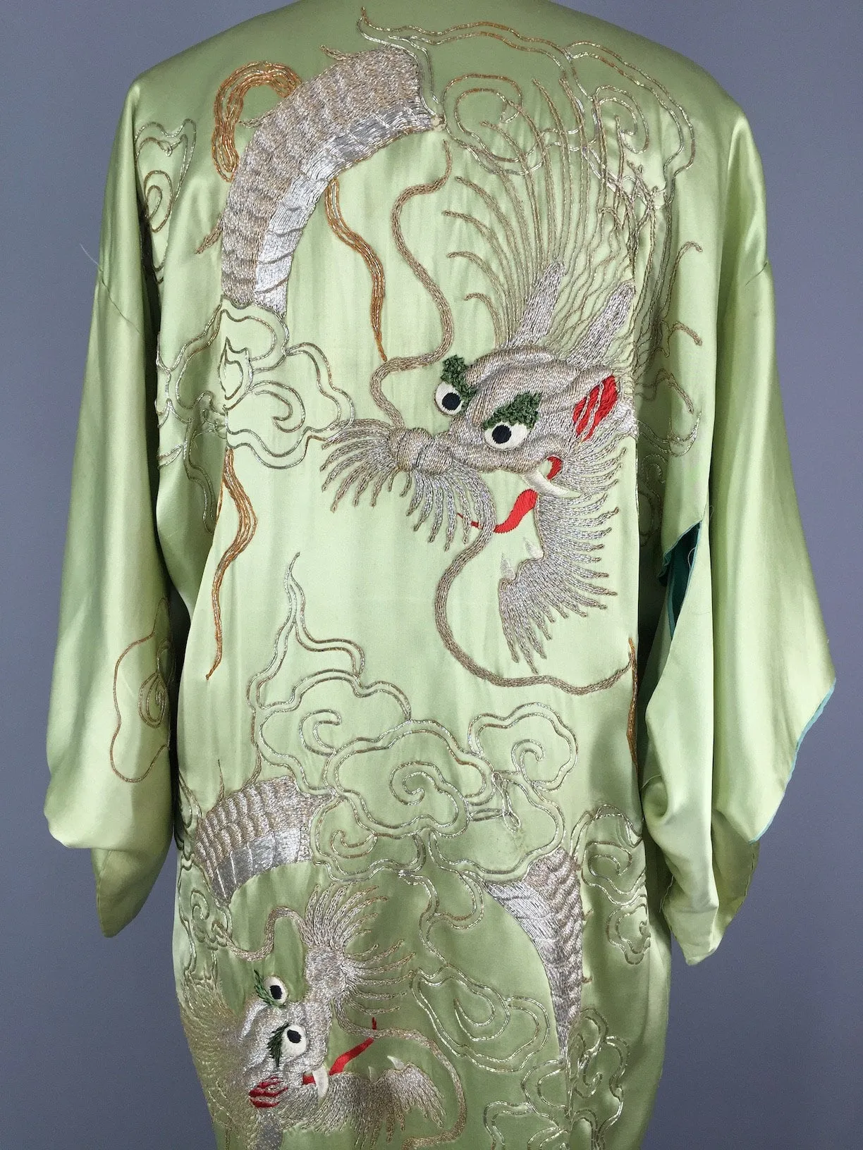 1915 - 1920 Antique Silk Kimono Robe / Embroidered Dragons