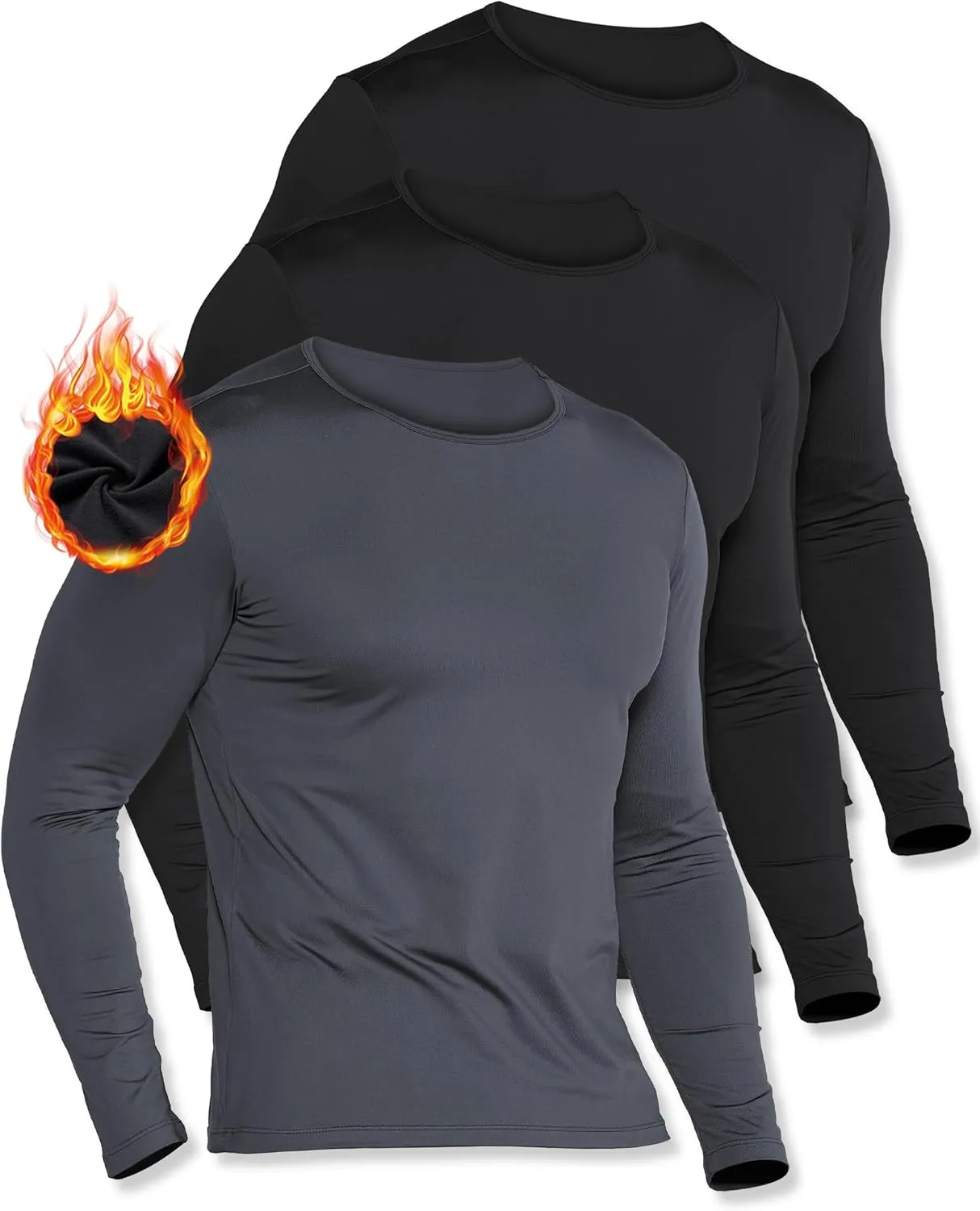 3 Pack Long Sleeve Thermal Shirts for Men Fleece Lined Soft Underwear Cold Weather Warm Base Layer Winter Pajama Tops