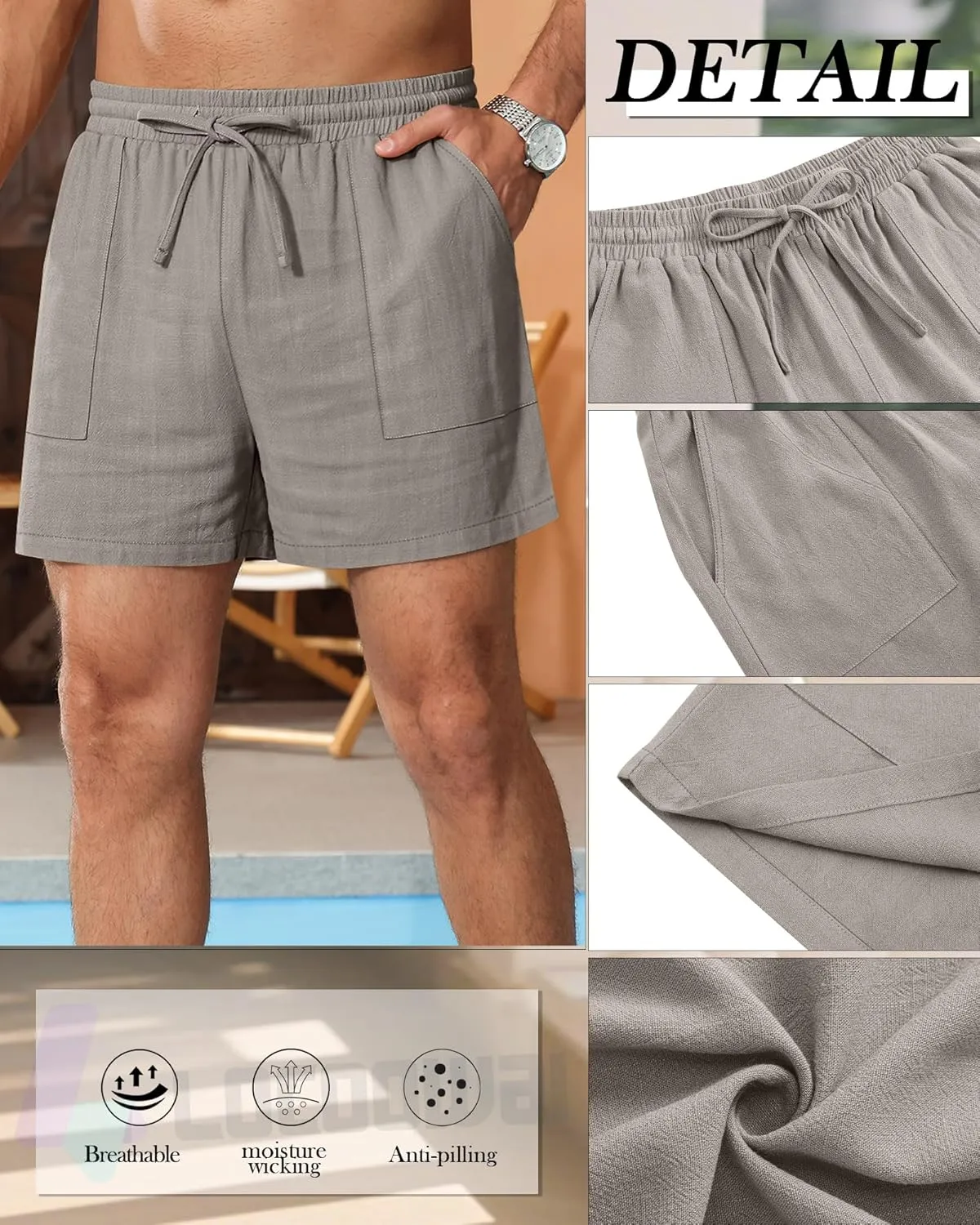 3 Pack Men's Linen Shorts, 3.5 Inch Cotton Drawstring Casual Summer Shorts Elastic Waist Beach Bottom with Pockets