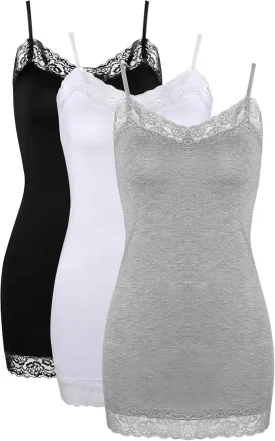 3 Pcs Women Long Camisoles Lace Tank Tops Neck Cami Adjustable Spaghetti Strap Lace Trim Tank Top for Women Wearing