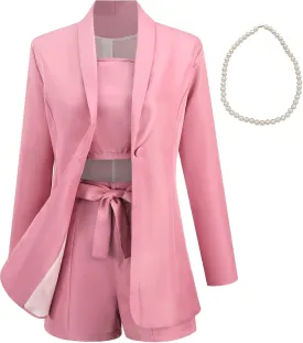 3 Piece Elegant Summer Outfits Women's Long Sleeve Blazer Coat & Short Pants & Top Set for Office Wedding Party