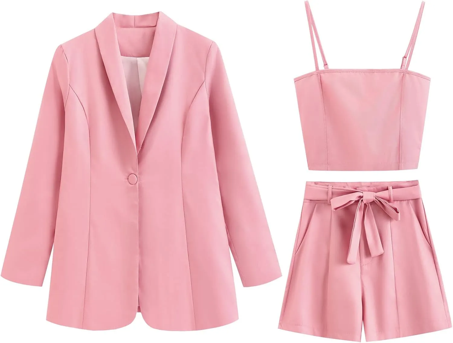 3 Piece Elegant Summer Outfits Women's Long Sleeve Blazer Coat & Short Pants & Top Set for Office Wedding Party
