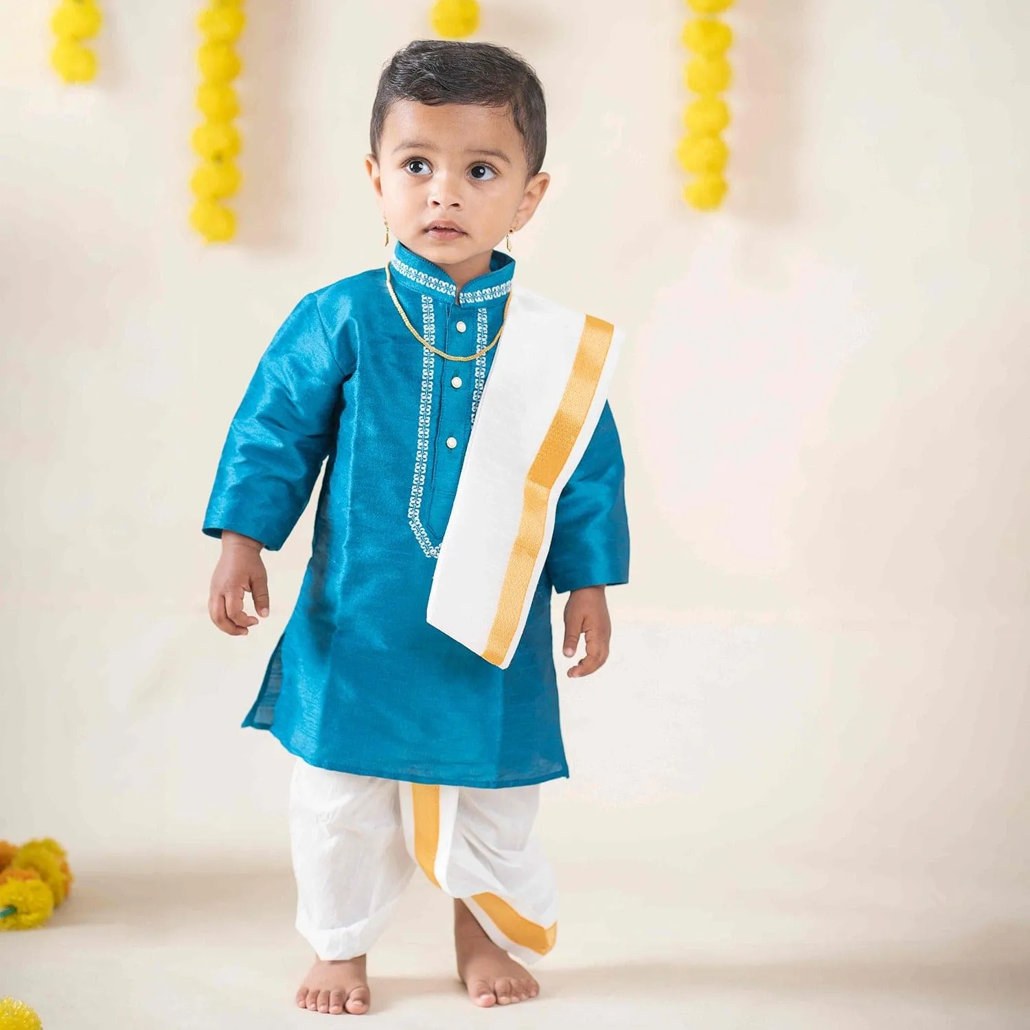 Baby Moo x Kurta Co. Traditional Dhoti Khandwa Kurta Set | Soft Banaras Silk With Gold Border | Premium Plastic Gift Box 6pcs - Turquoise