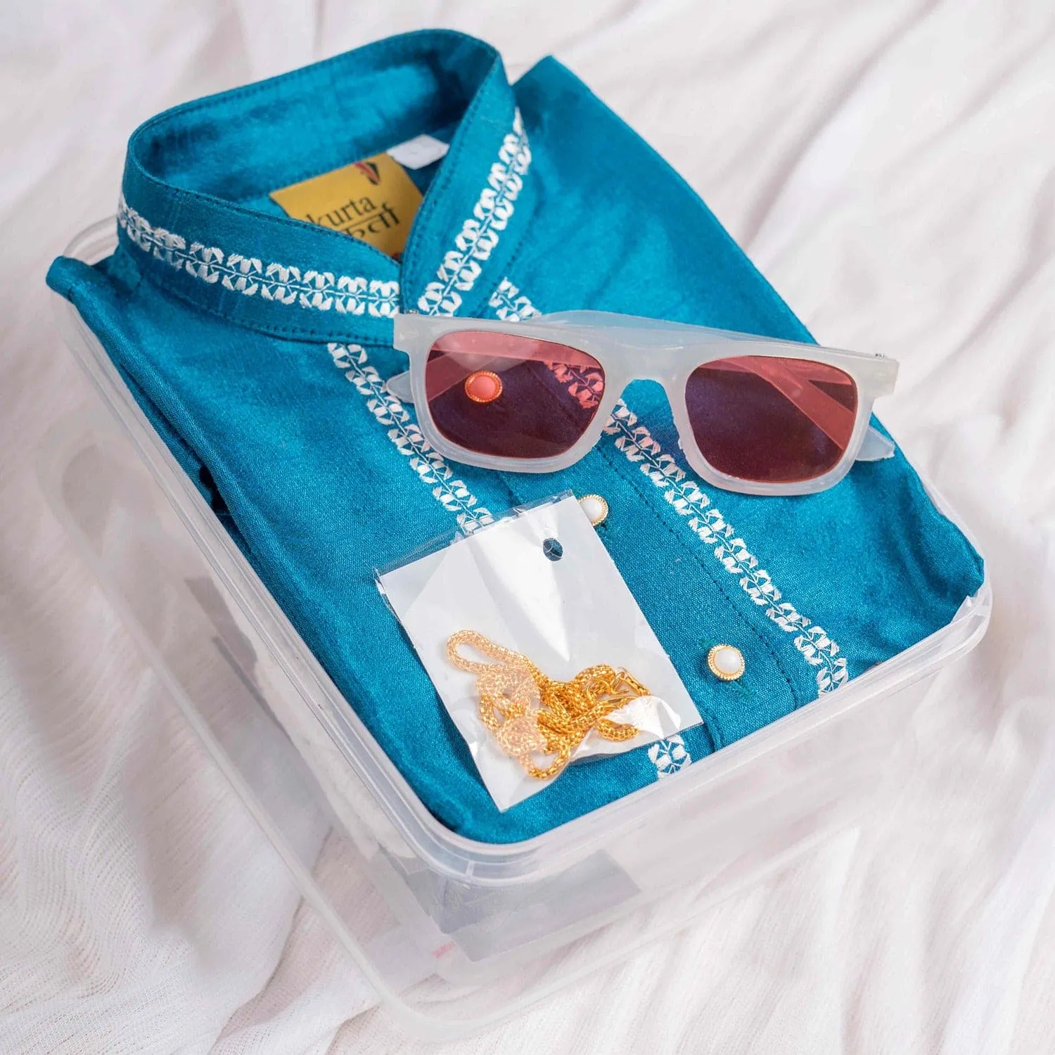 Baby Moo x Kurta Co. Traditional Dhoti Khandwa Kurta Set | Soft Banaras Silk With Gold Border | Premium Plastic Gift Box 6pcs - Turquoise
