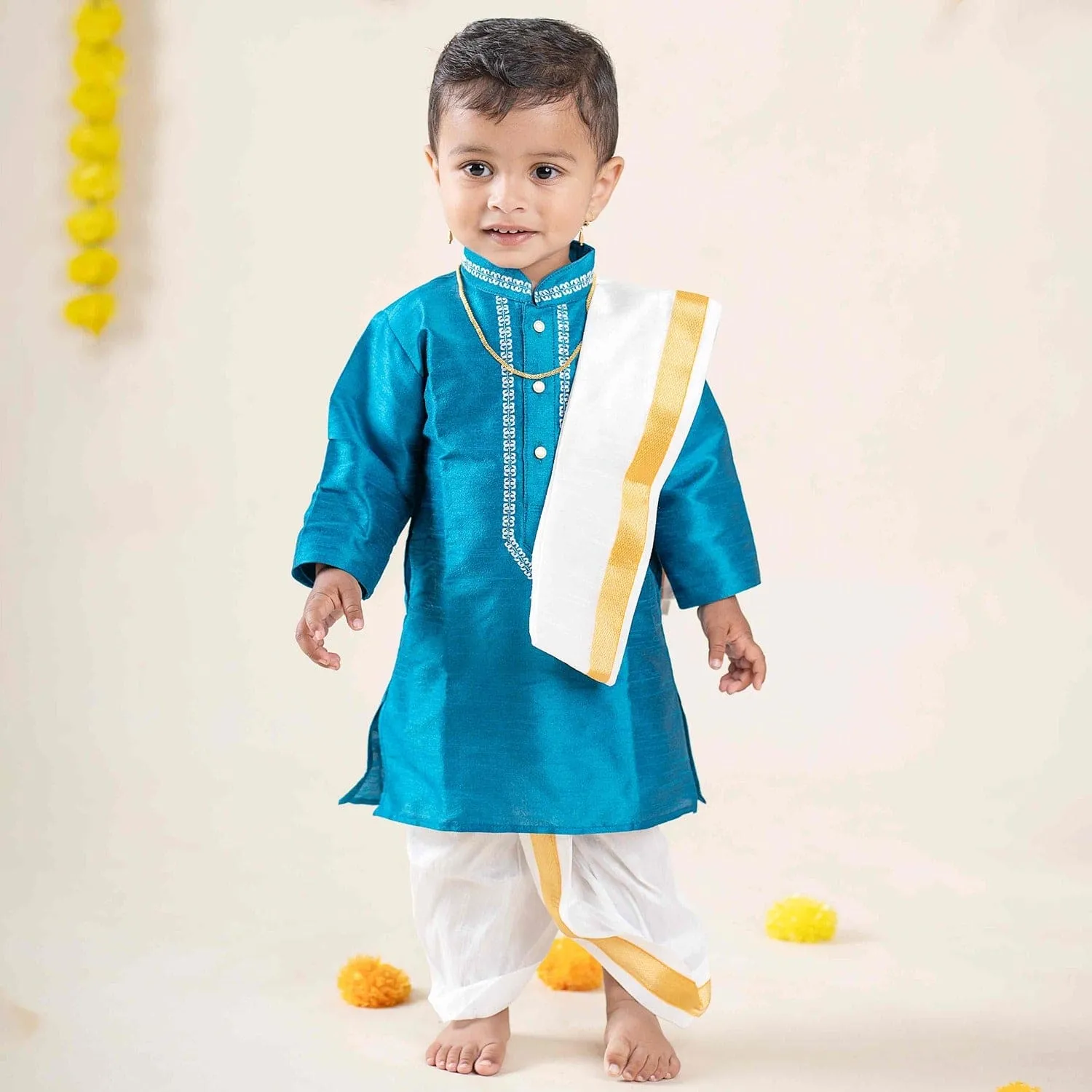 Baby Moo x Kurta Co. Traditional Dhoti Khandwa Kurta Set | Soft Banaras Silk With Gold Border | Premium Plastic Gift Box 6pcs - Turquoise
