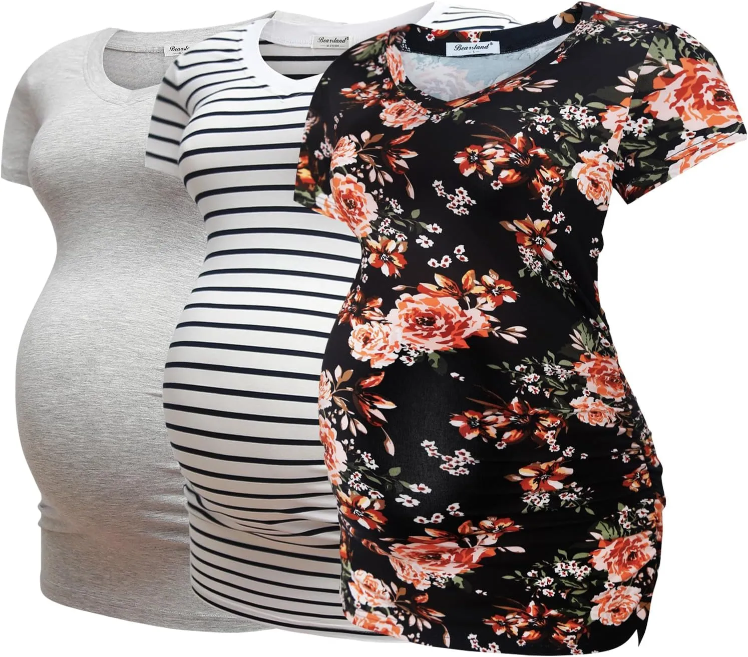 Bearsland Womens Maternity Tshirt Modal Classic Side Ruched Tee Top Mama Pregnancy Clothes