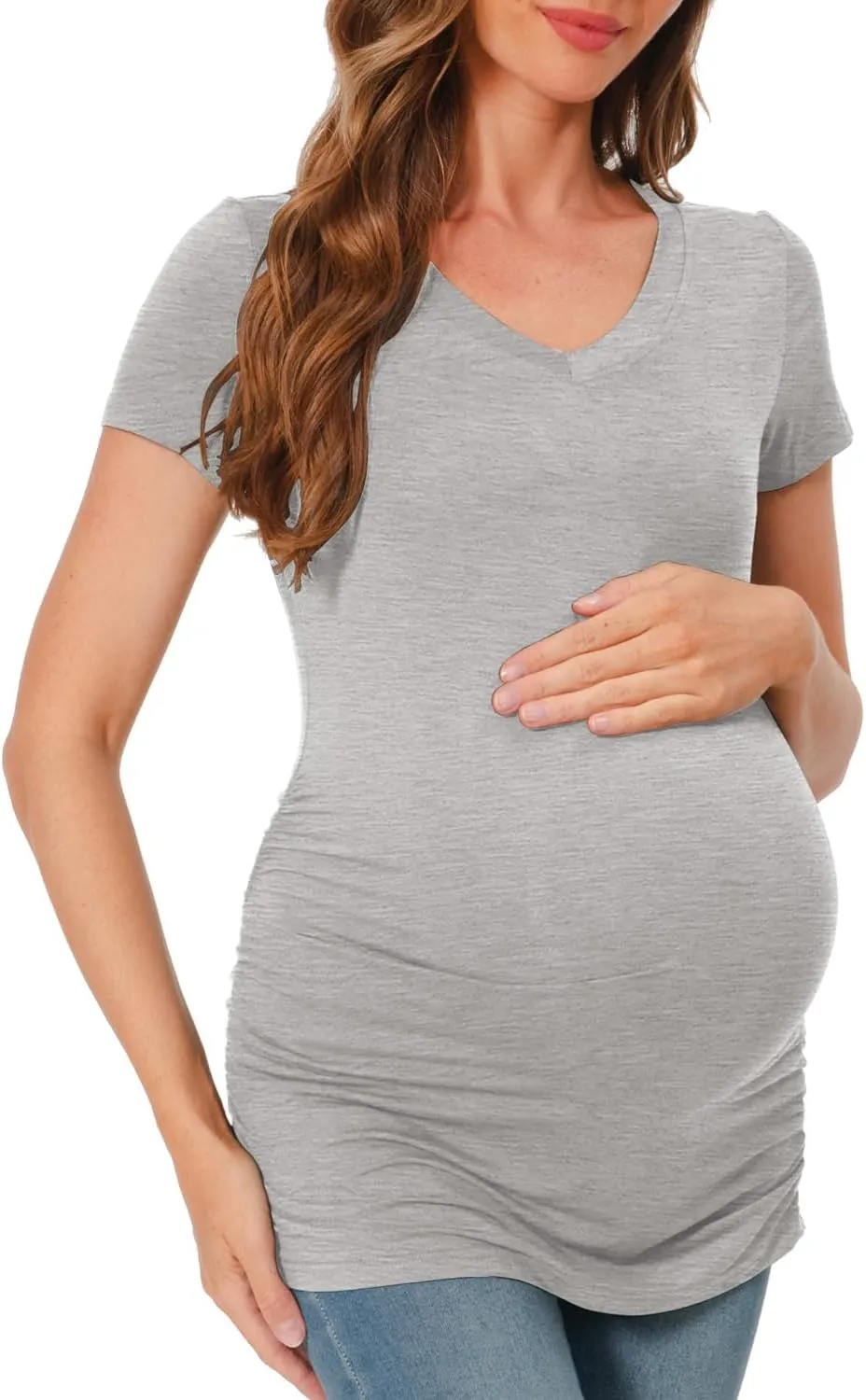 Bearsland Womens Maternity Tshirt Modal Classic Side Ruched Tee Top Mama Pregnancy Clothes