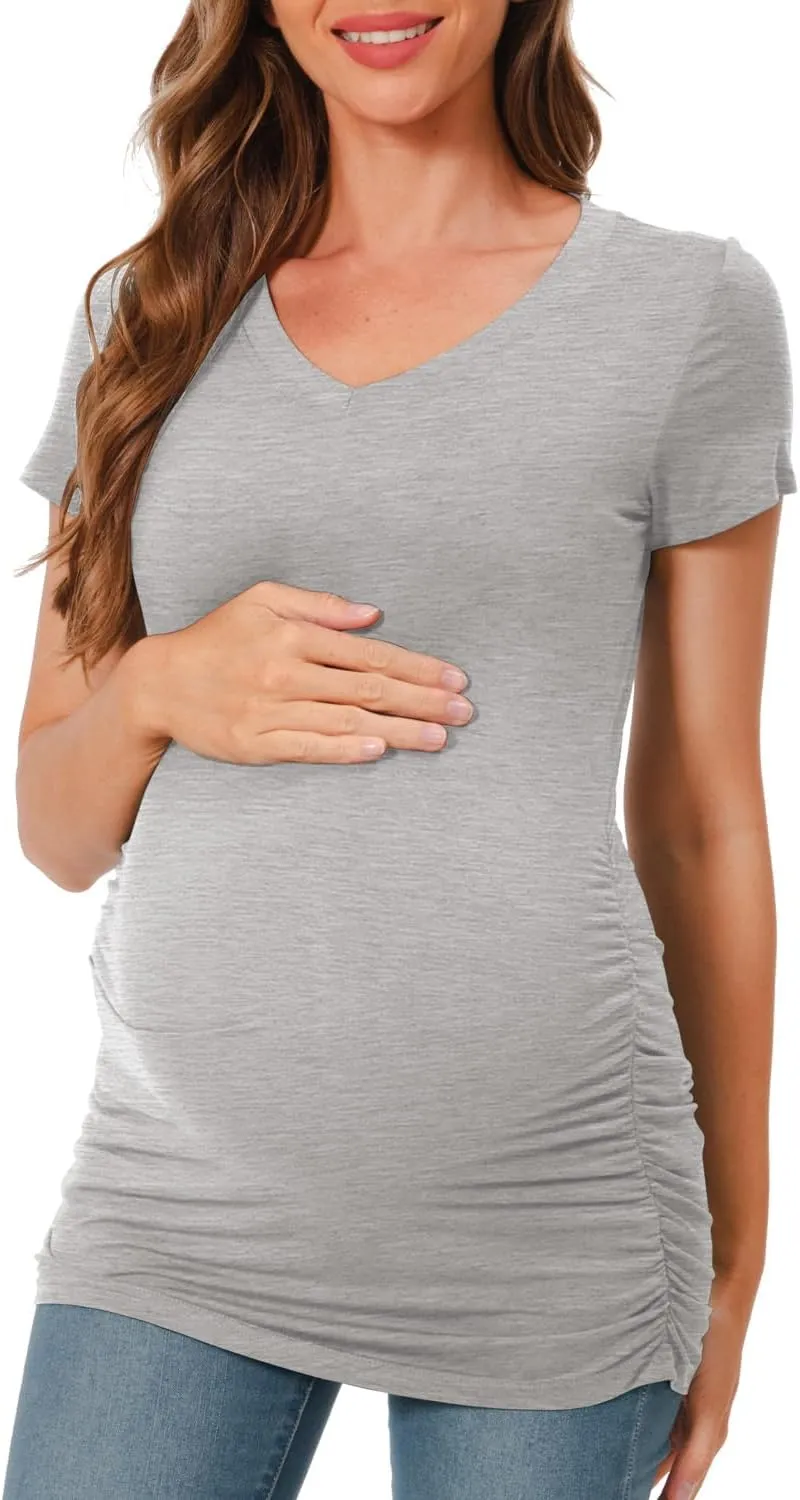 Bearsland Womens Maternity Tshirt Modal Classic Side Ruched Tee Top Mama Pregnancy Clothes