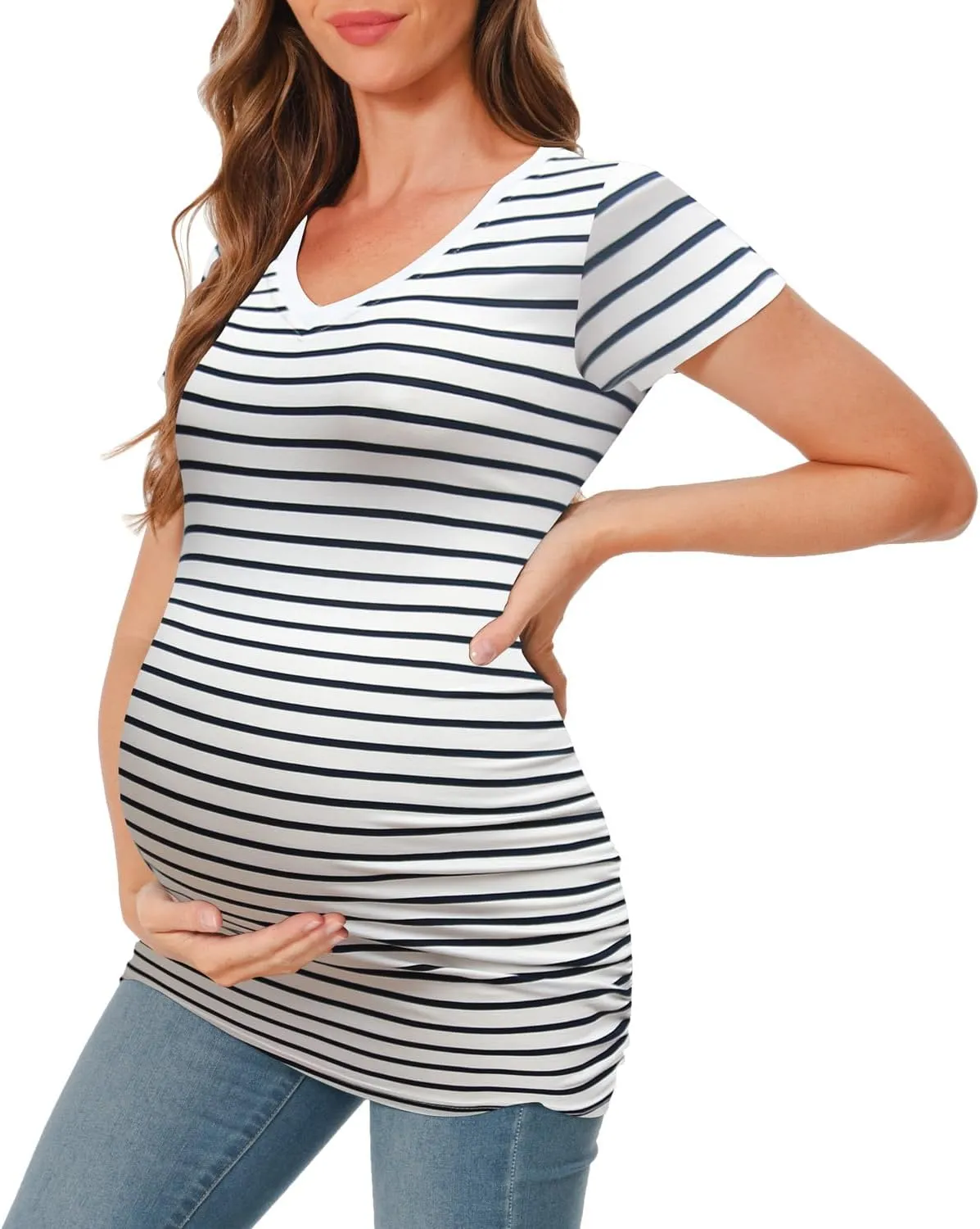 Bearsland Womens Maternity Tshirt Modal Classic Side Ruched Tee Top Mama Pregnancy Clothes