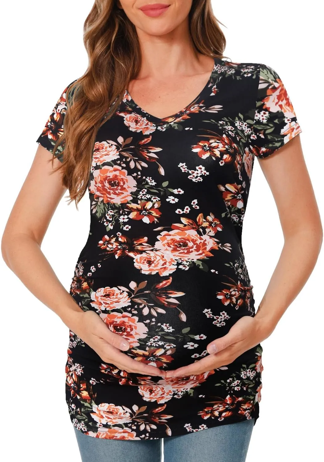Bearsland Womens Maternity Tshirt Modal Classic Side Ruched Tee Top Mama Pregnancy Clothes