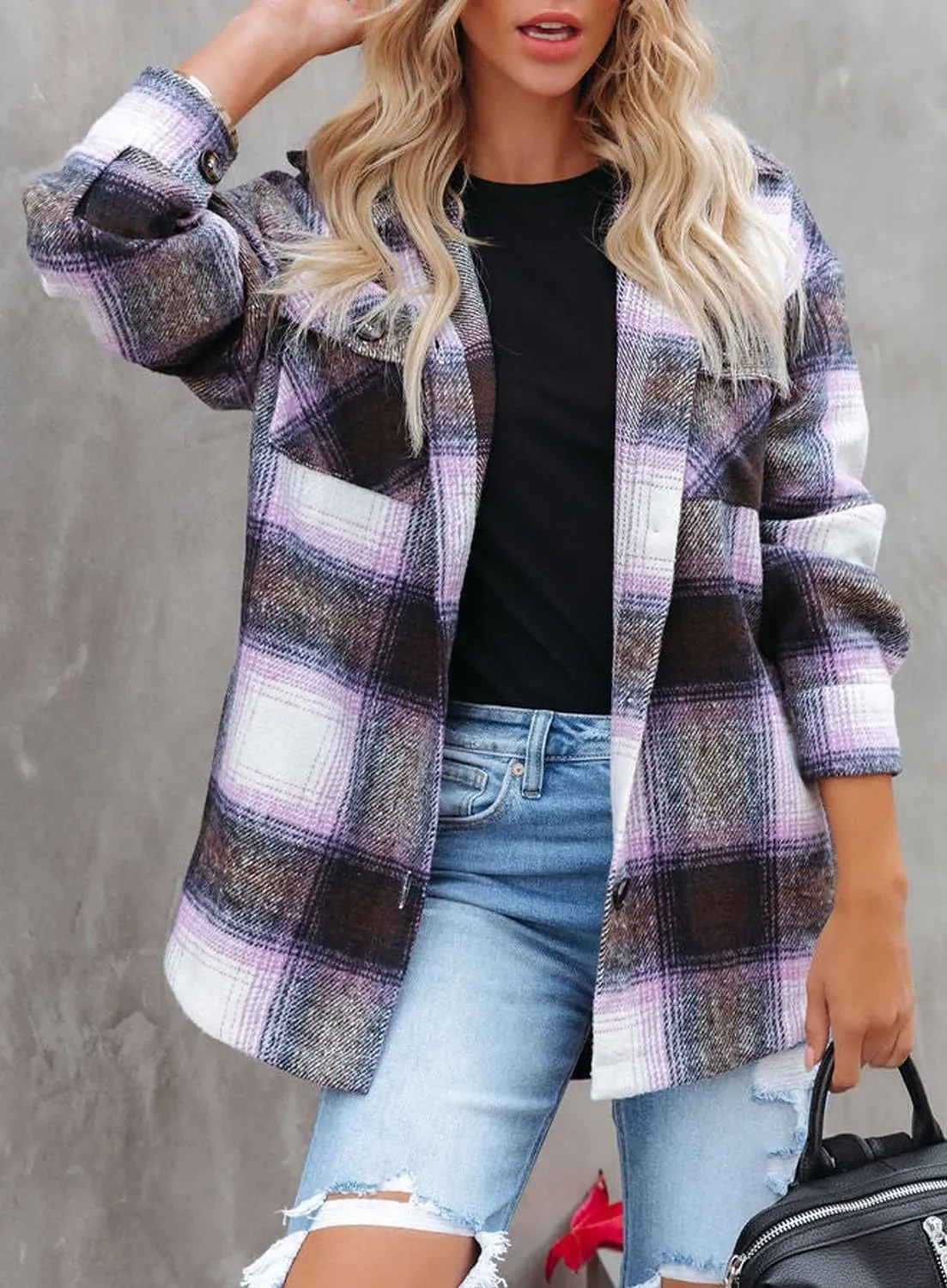Beaully Women's Flannel Plaid Shacket Long Sleeve Button Down Shirts Jacket Coats with Side Pockets