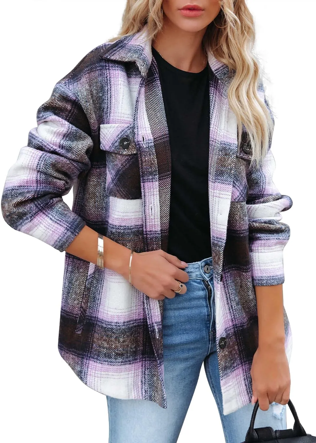 Beaully Women's Flannel Plaid Shacket Long Sleeve Button Down Shirts Jacket Coats with Side Pockets
