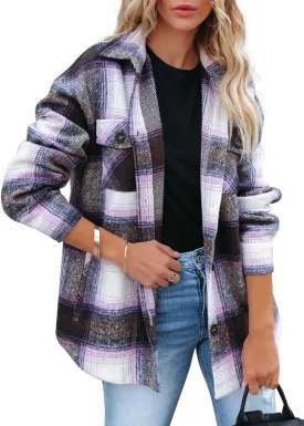 Beaully Women's Flannel Plaid Shacket Long Sleeve Button Down Shirts Jacket Coats with Side Pockets