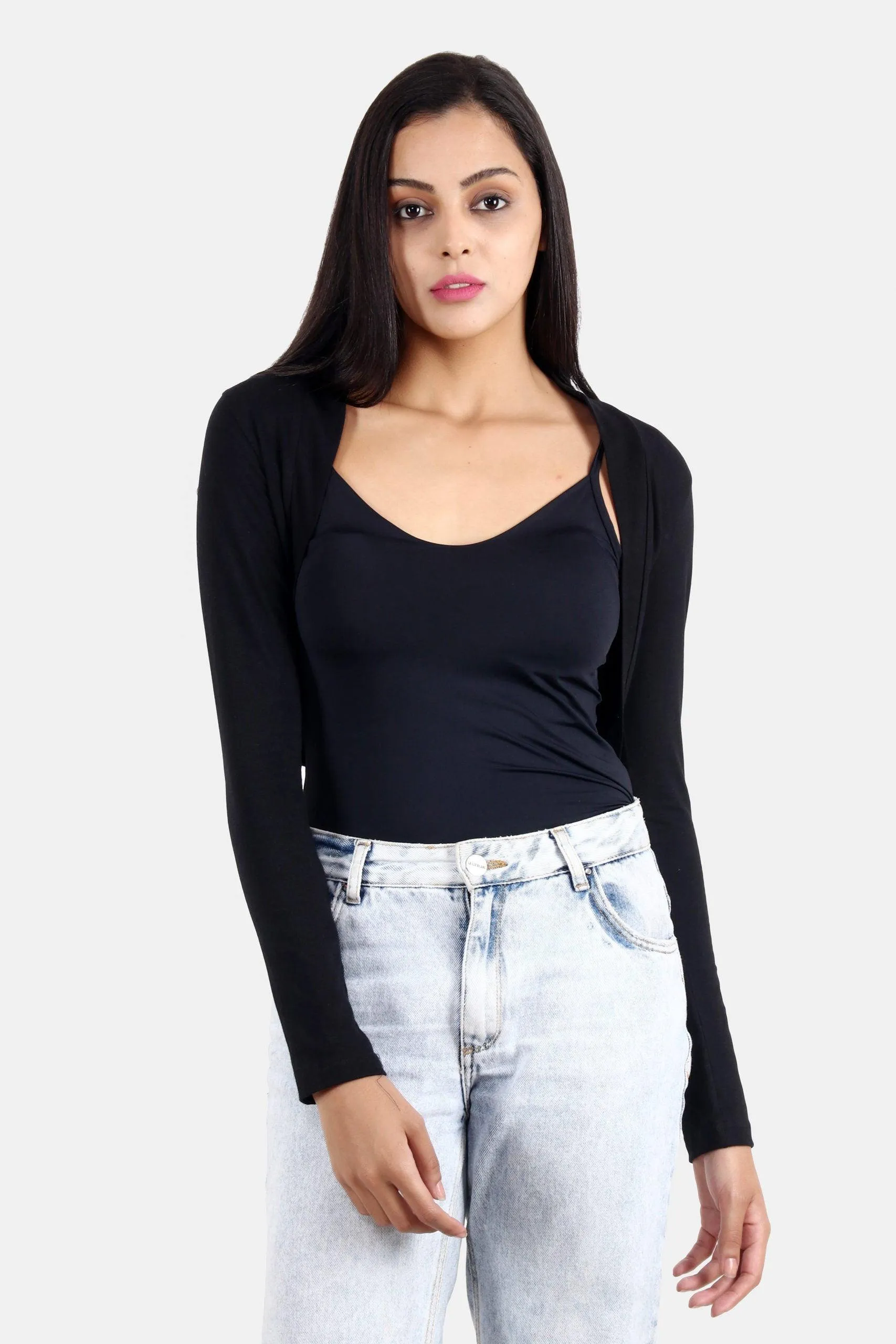 Black Solid Cropped Shrug with Long Sleeves