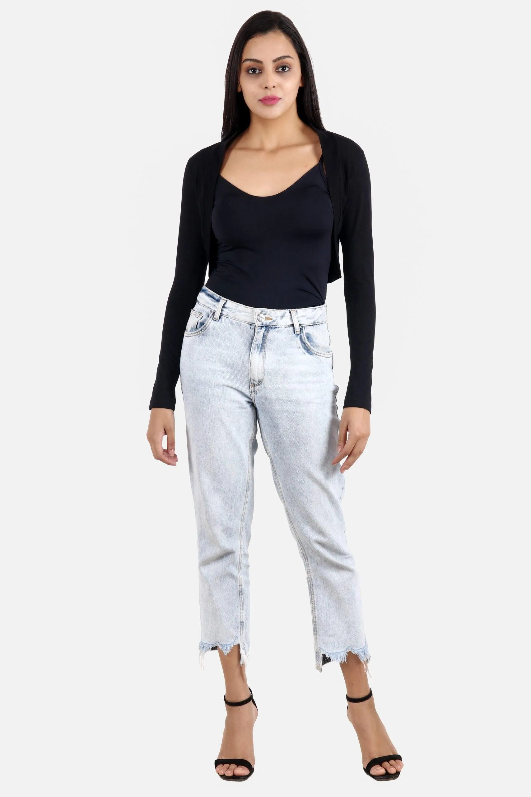 Black Solid Cropped Shrug with Long Sleeves