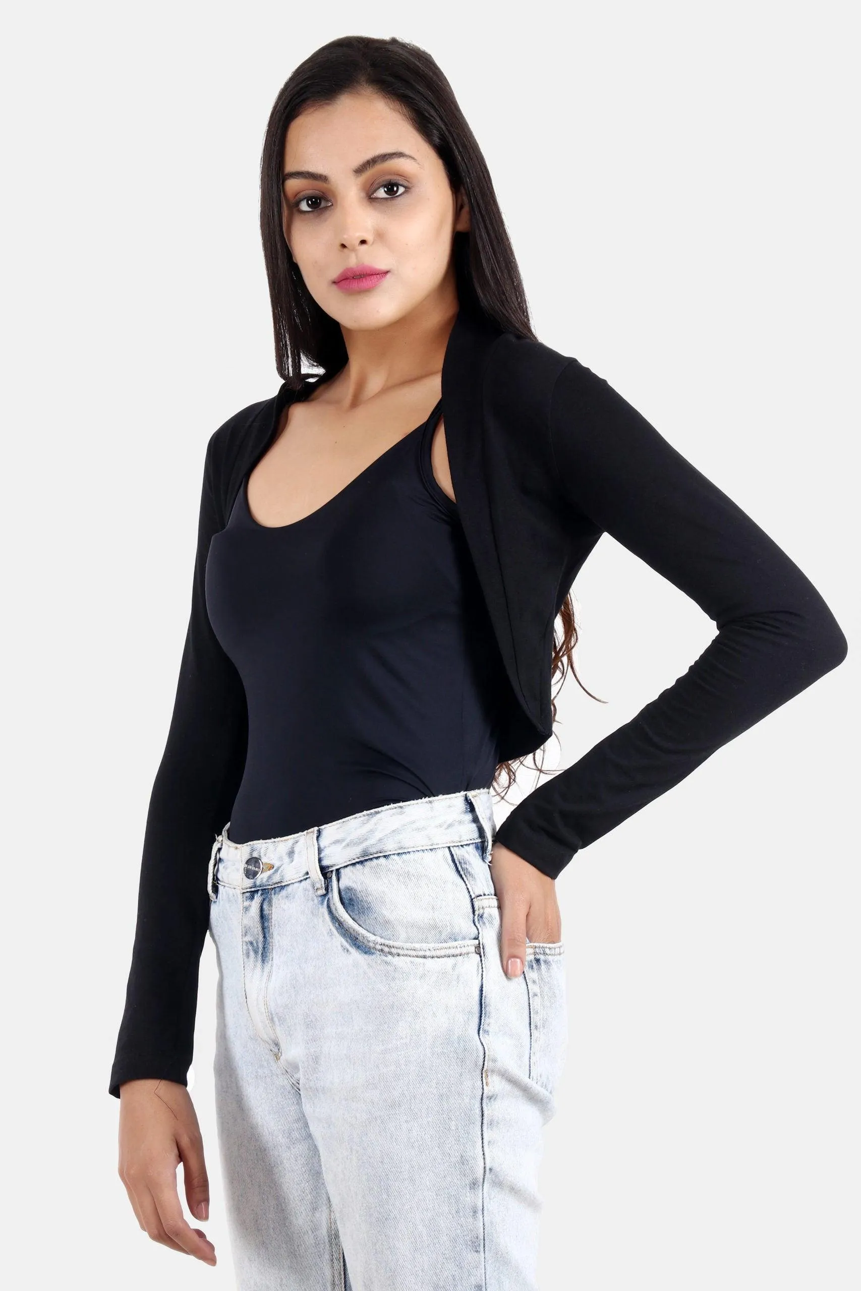 Black Solid Cropped Shrug with Long Sleeves