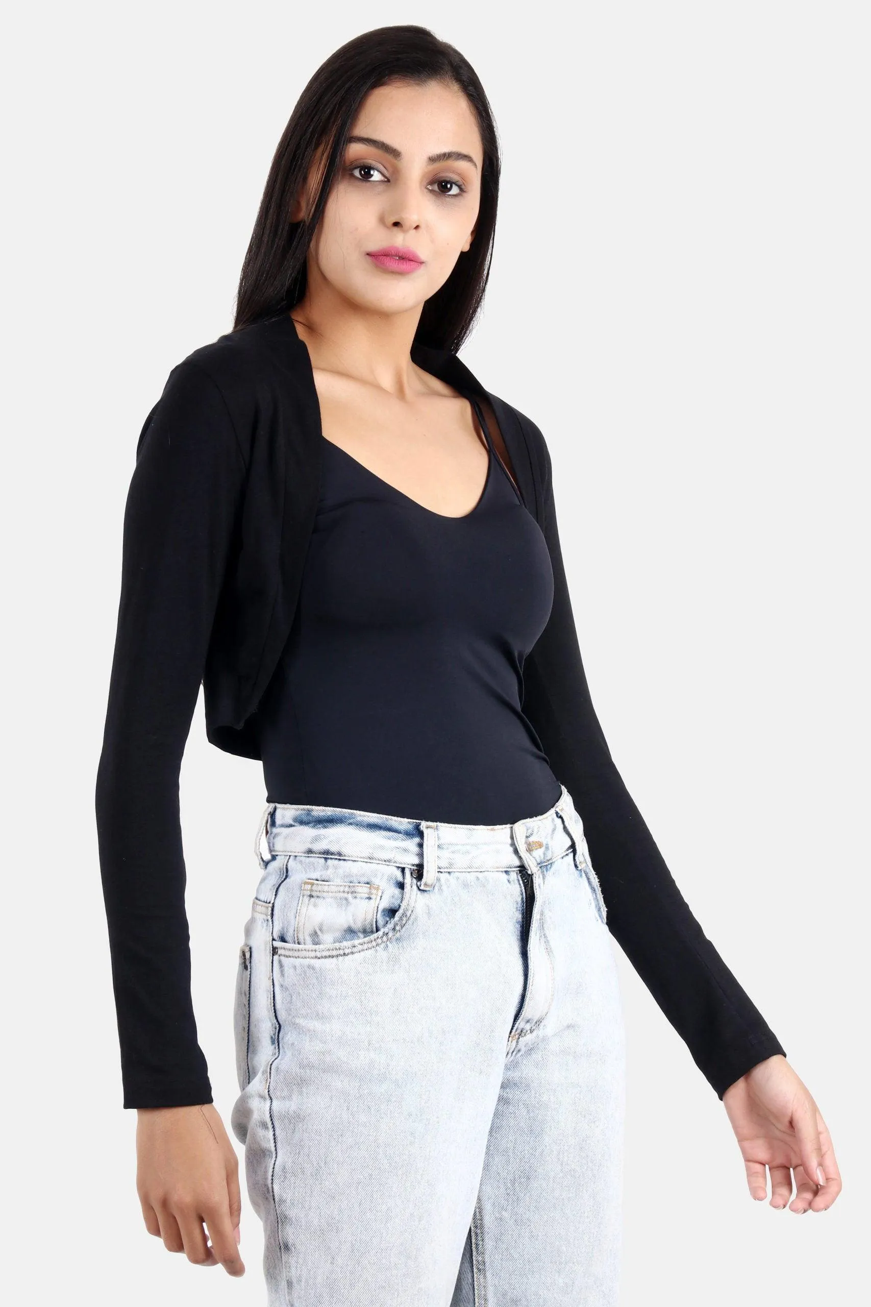 Black Solid Cropped Shrug with Long Sleeves
