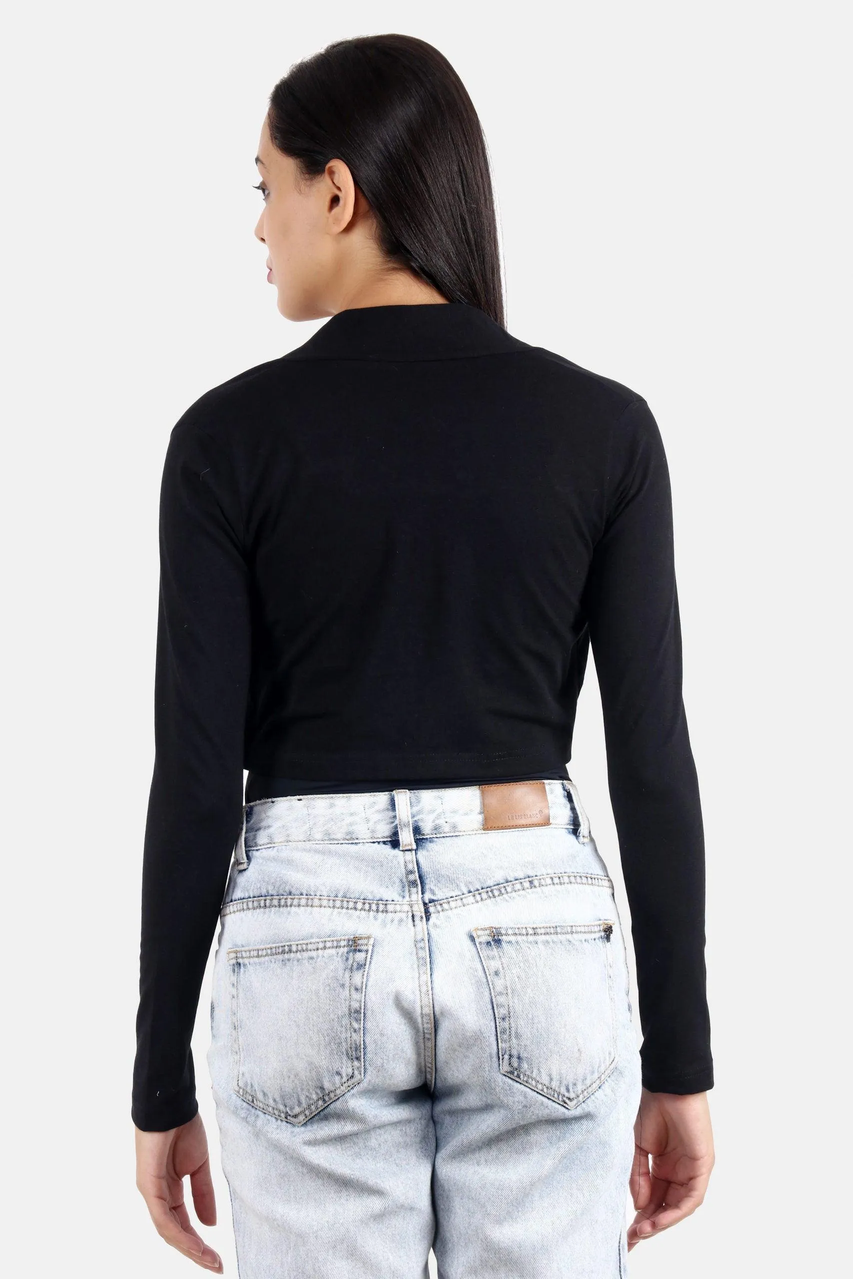 Black Solid Cropped Shrug with Long Sleeves