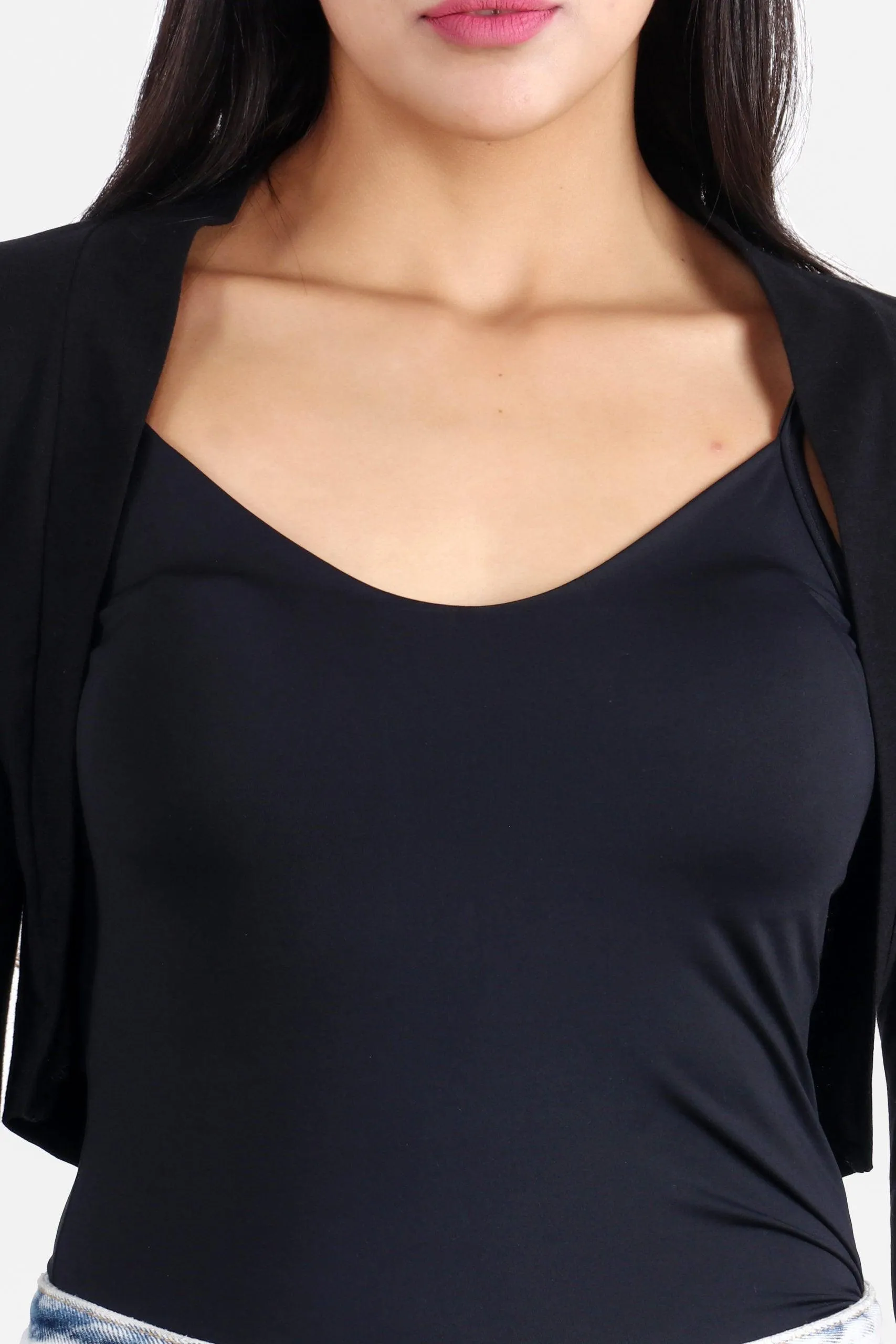 Black Solid Cropped Shrug with Long Sleeves