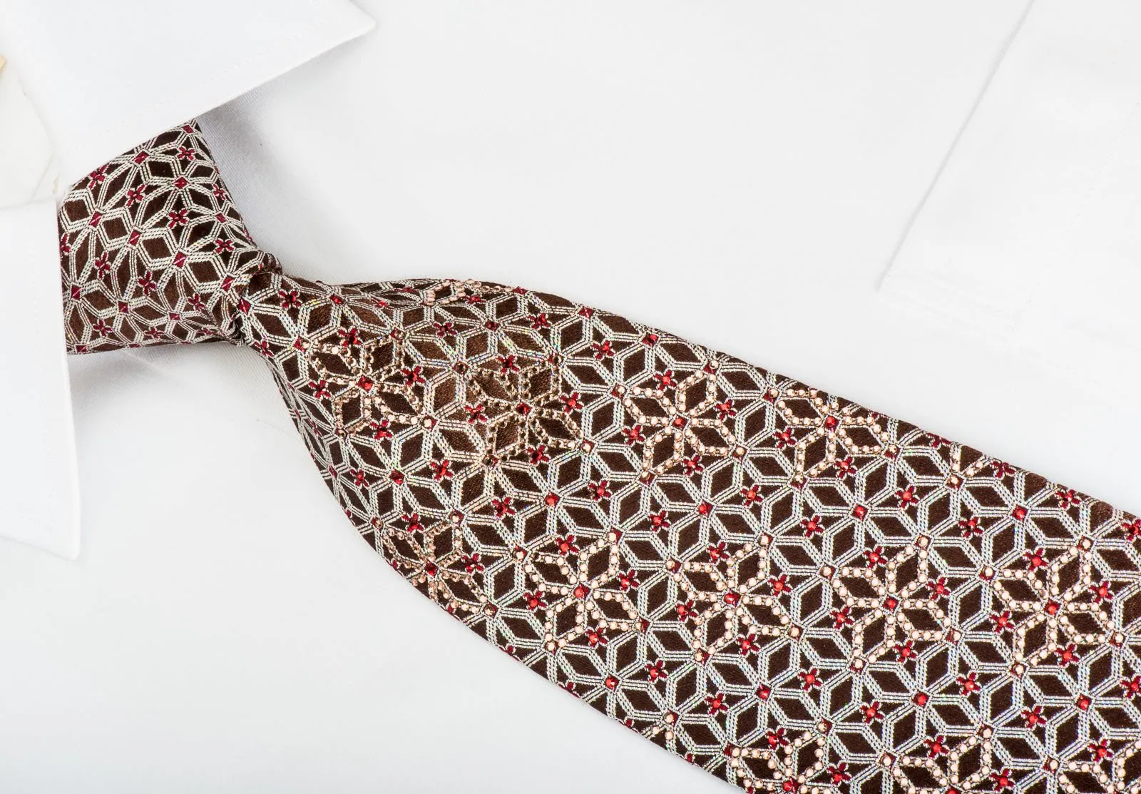 Cabrini Rhinestone Silk Necktie Silver Trellis On Burgundy With Silver Sparkles