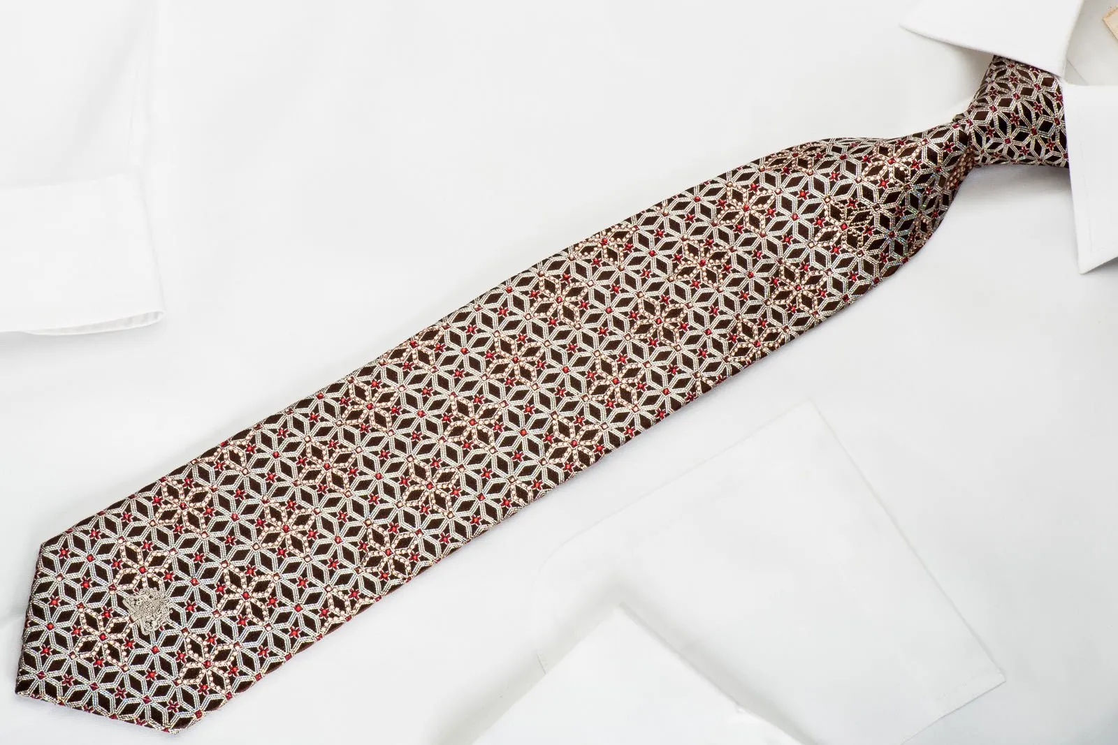 Cabrini Rhinestone Silk Necktie Silver Trellis On Burgundy With Silver Sparkles