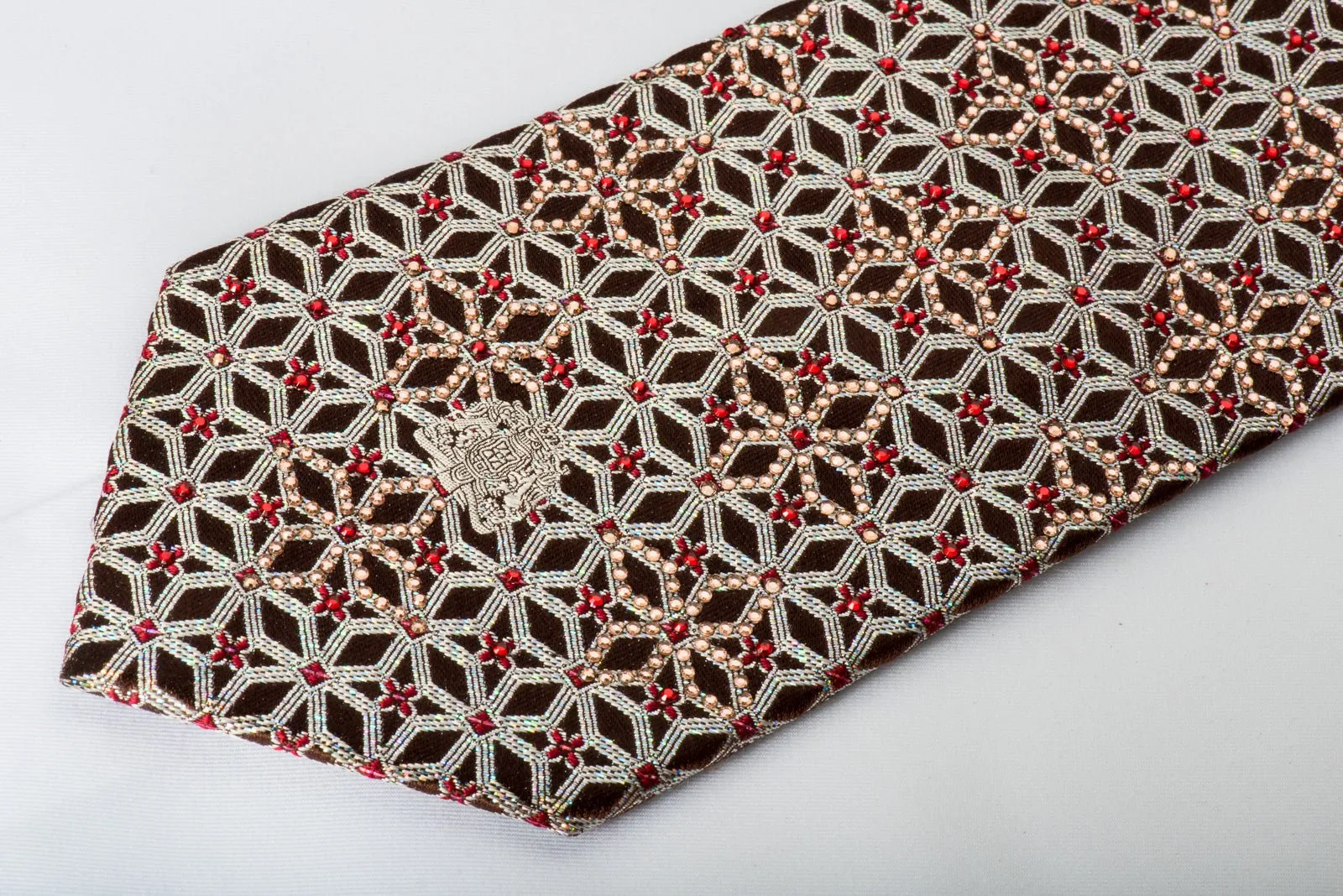 Cabrini Rhinestone Silk Necktie Silver Trellis On Burgundy With Silver Sparkles
