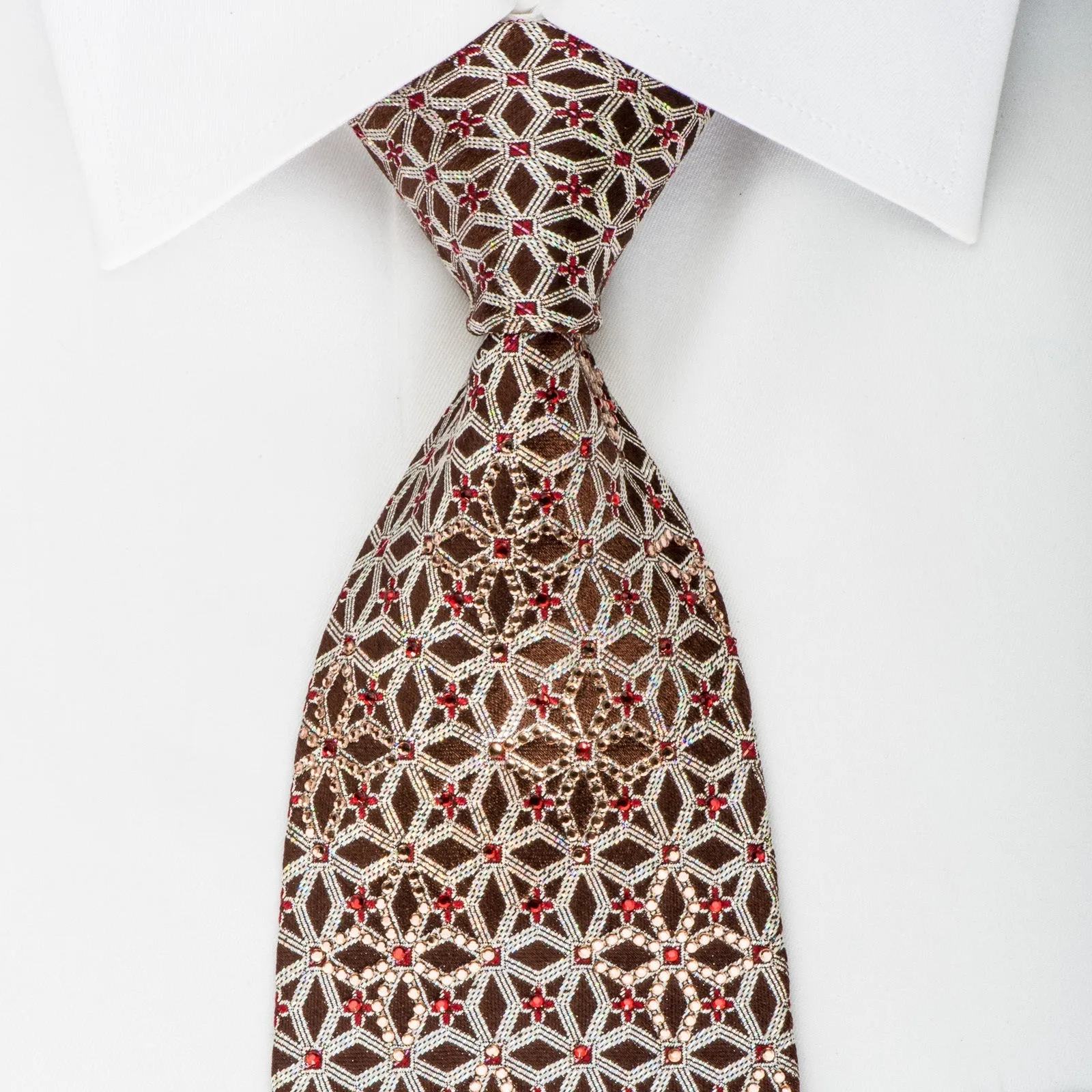 Cabrini Rhinestone Silk Necktie Silver Trellis On Burgundy With Silver Sparkles