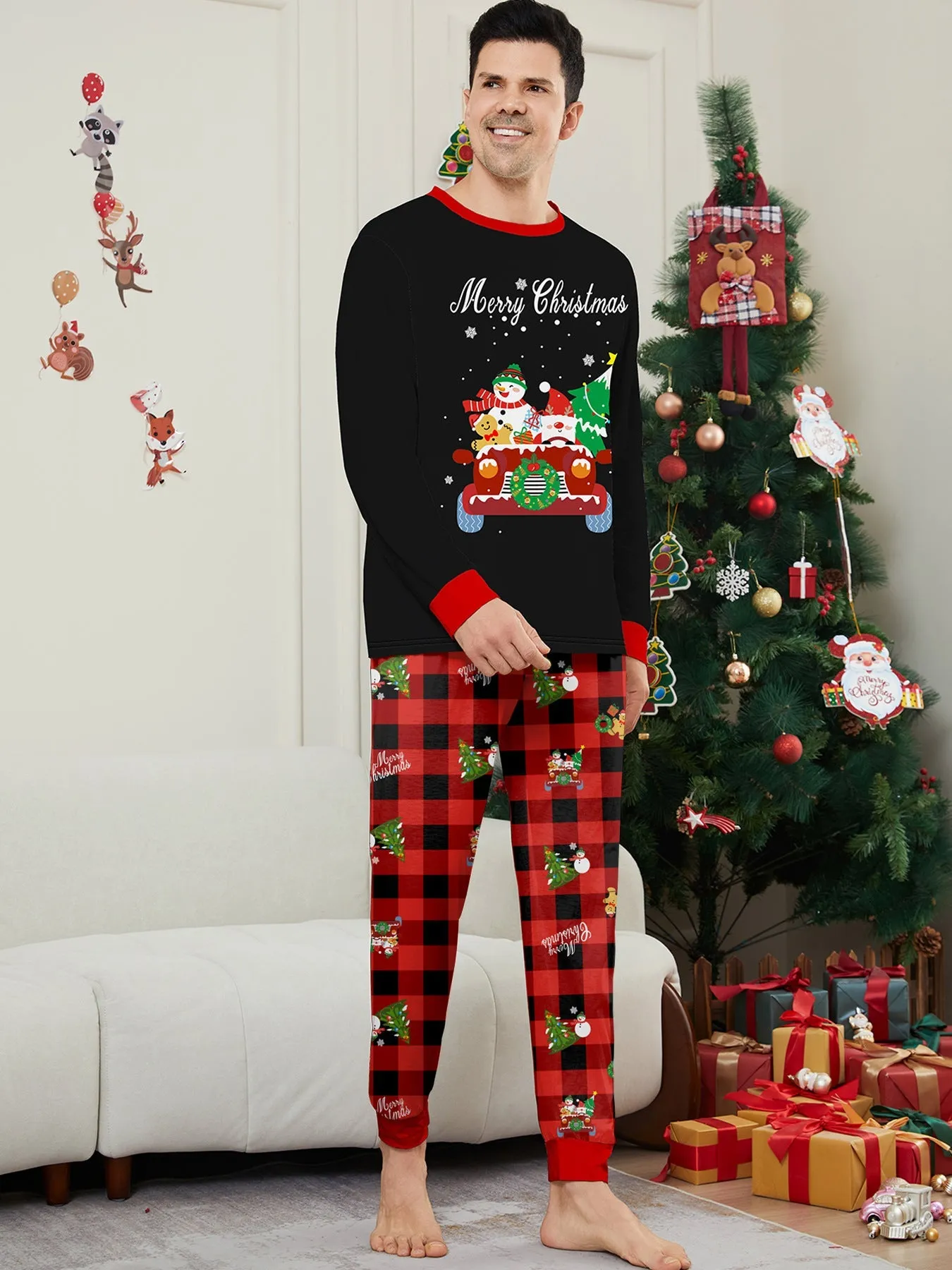 Car Snowman Printed Family Matching Christmas Pajamas Sets