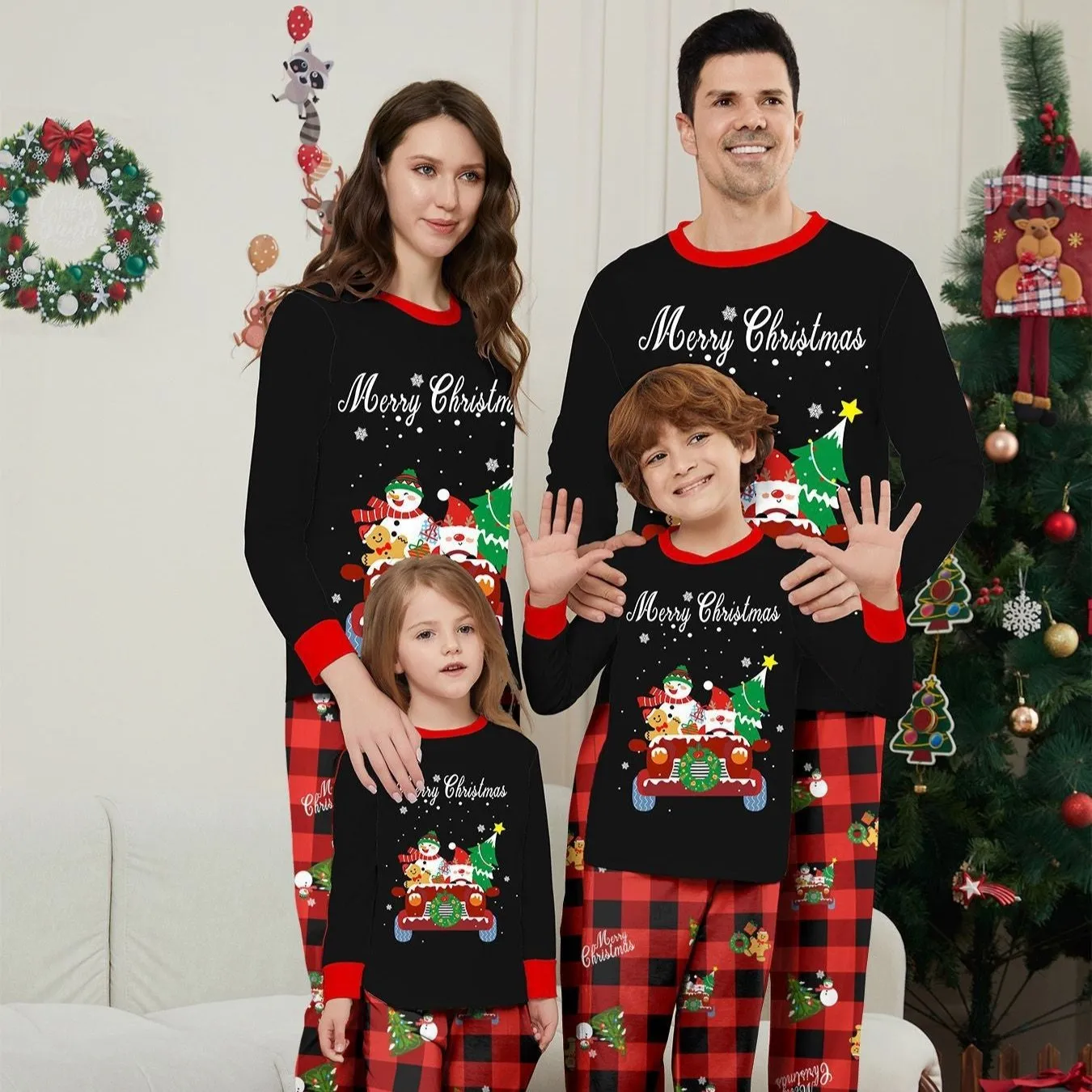 Car Snowman Printed Family Matching Christmas Pajamas Sets