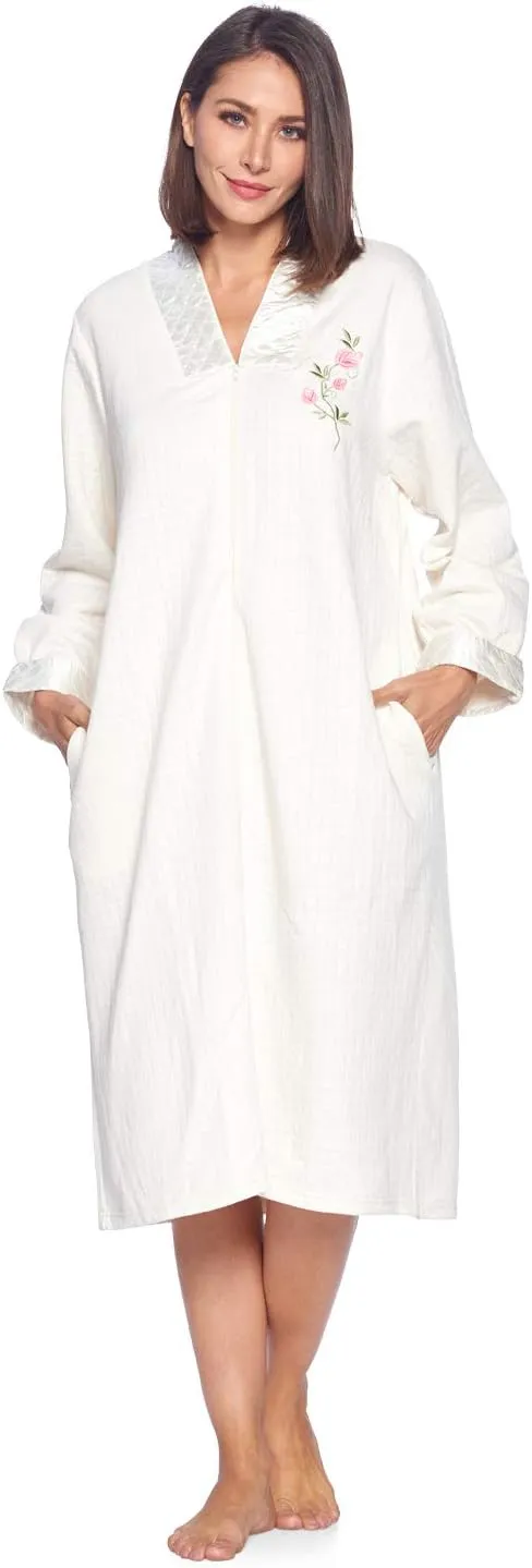 Casual Nights Women's Floral Quilted Long Sleeve Zip Up House Dress Robe