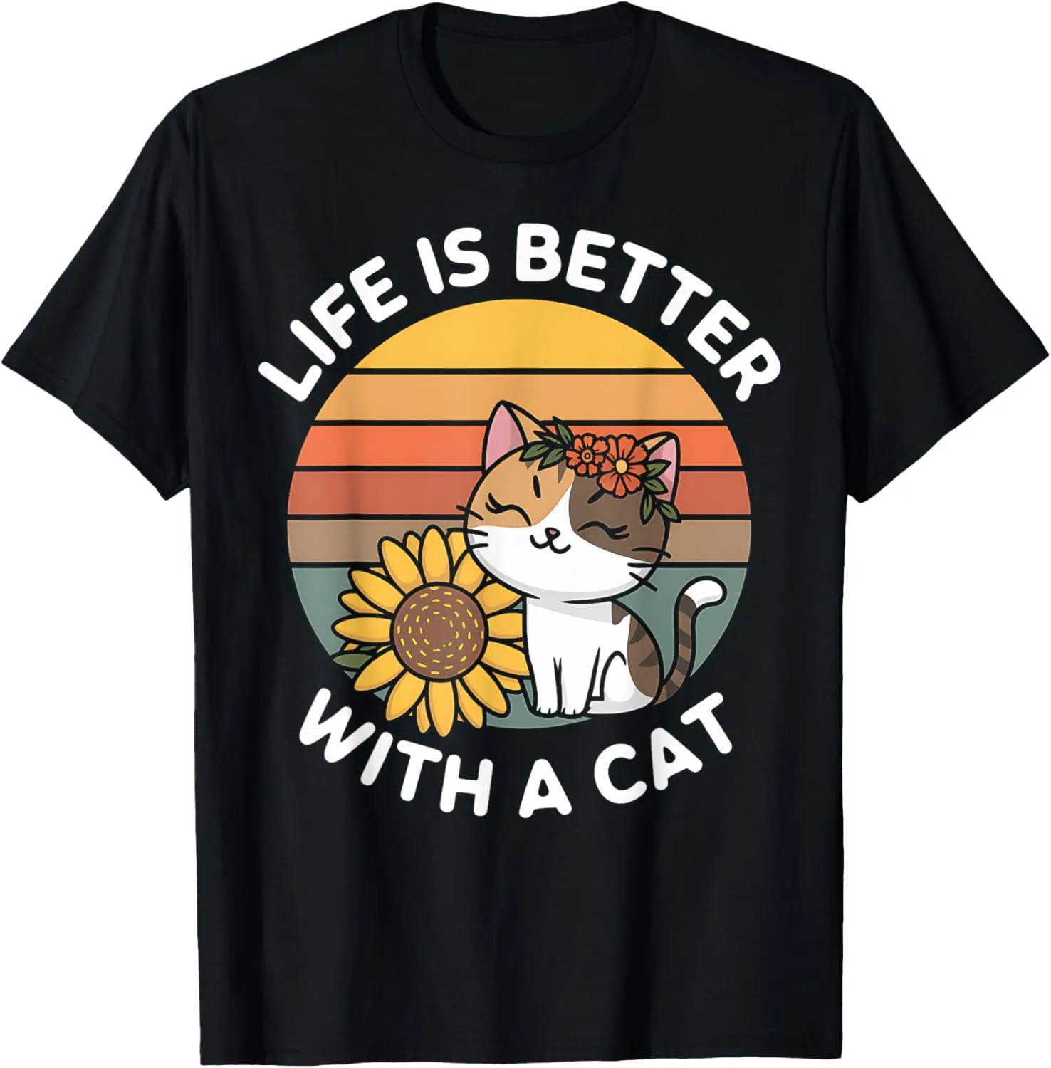 Cat Lover Sunflower Retro Vintage Sunset Kitten Owner Pet T-Shirt