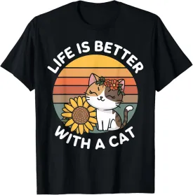 Cat Lover Sunflower Retro Vintage Sunset Kitten Owner Pet T-Shirt
