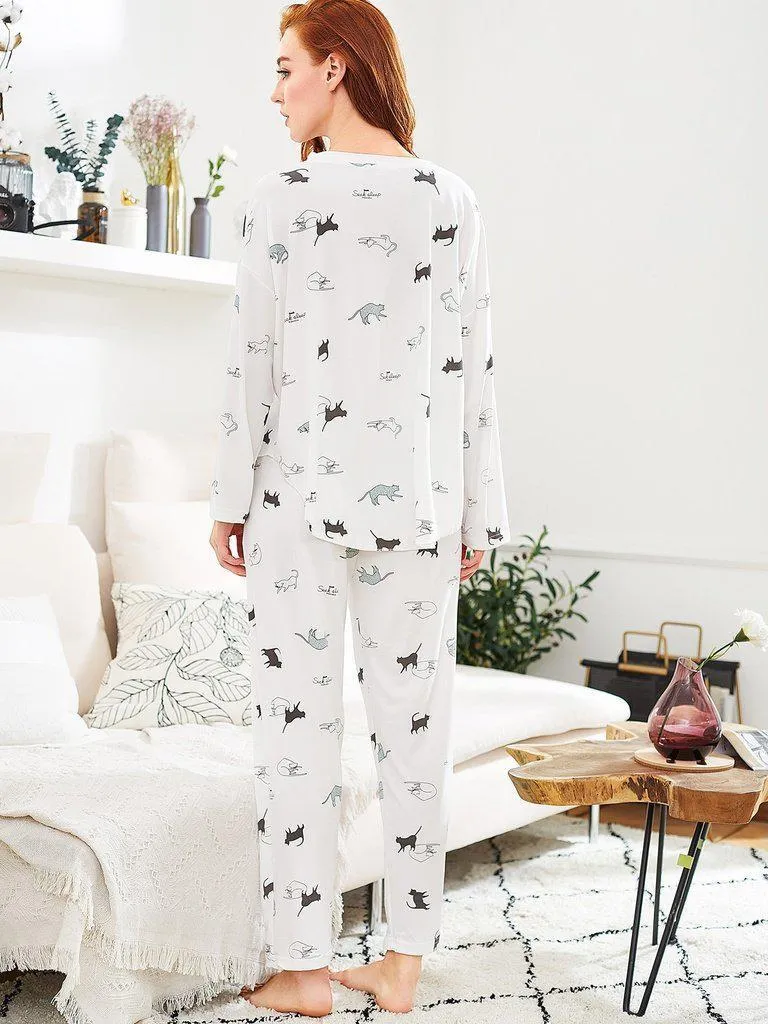 Cat Print Long Pajama Set