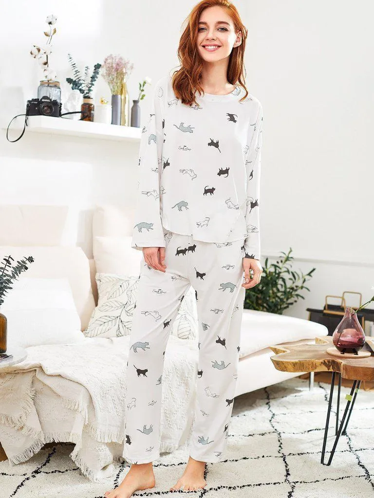 Cat Print Long Pajama Set