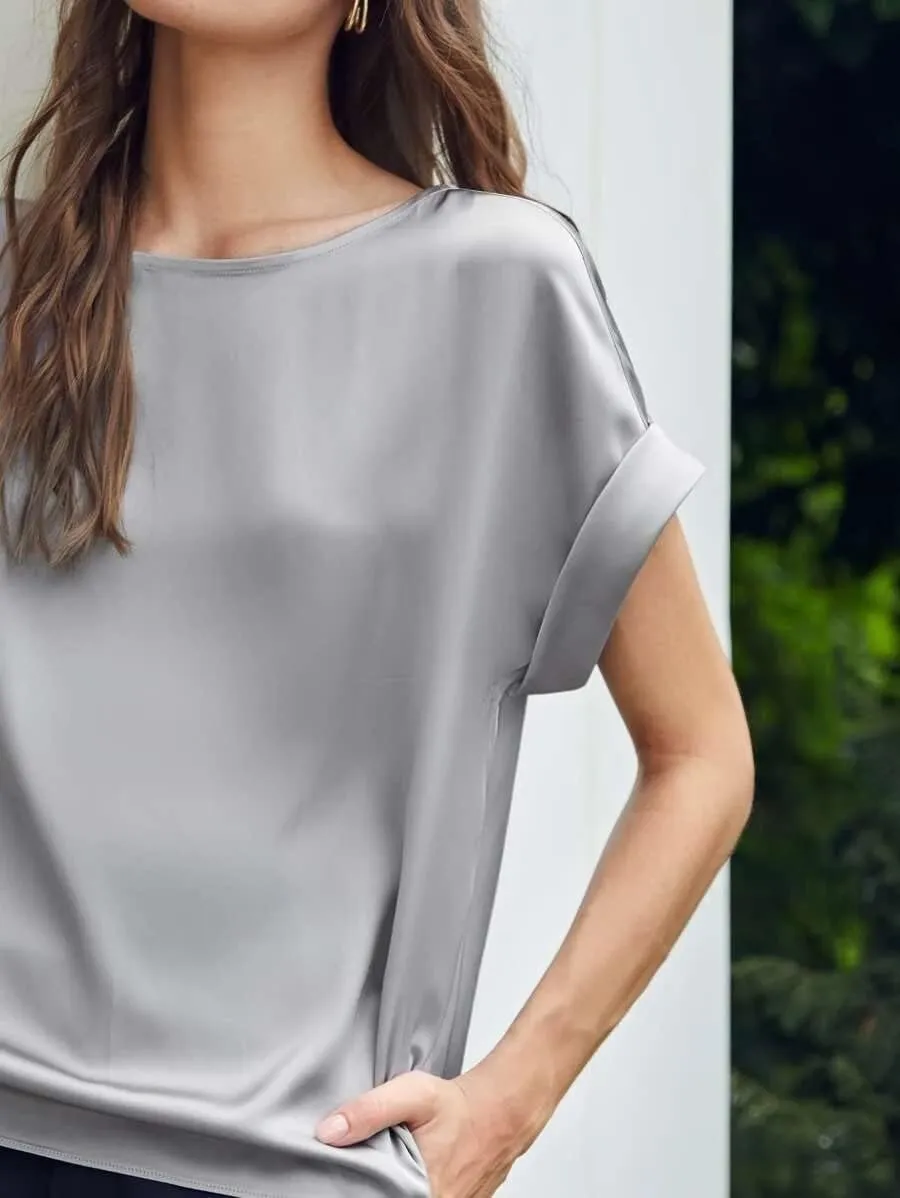 Chigant Women's Short Sleeve Satin Blouses Casual Loose Crewneck Silk Shirts Roll Up Sleeve Tunic Tops S-XXL