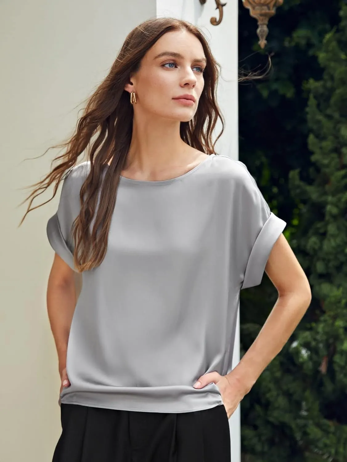 Chigant Women's Short Sleeve Satin Blouses Casual Loose Crewneck Silk Shirts Roll Up Sleeve Tunic Tops S-XXL