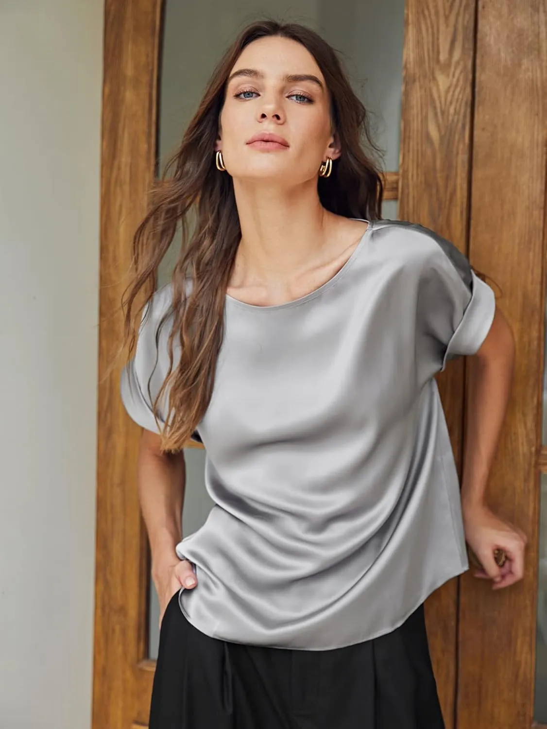 Chigant Women's Short Sleeve Satin Blouses Casual Loose Crewneck Silk Shirts Roll Up Sleeve Tunic Tops S-XXL