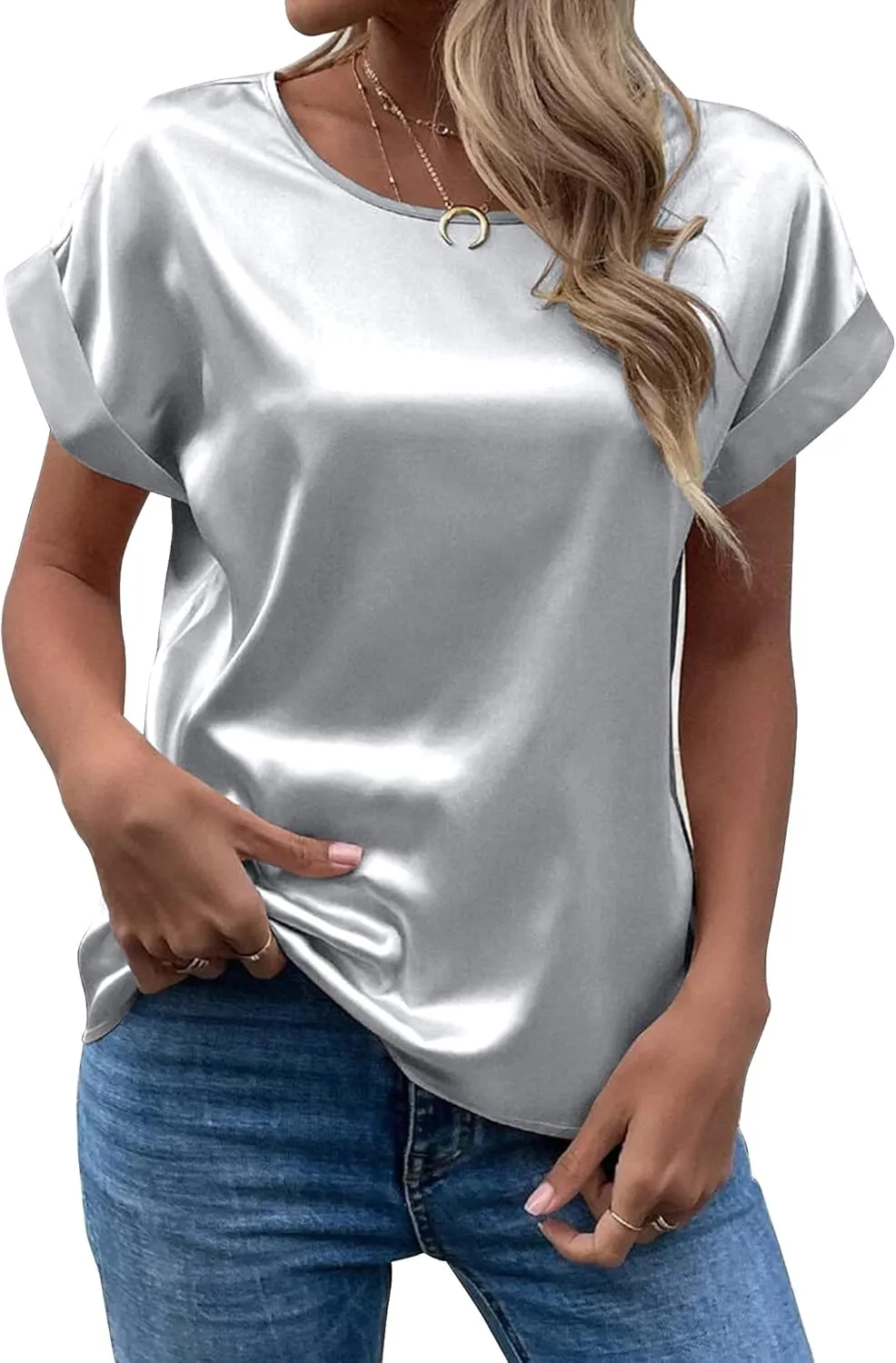 Chigant Women's Short Sleeve Satin Blouses Casual Loose Crewneck Silk Shirts Roll Up Sleeve Tunic Tops S-XXL