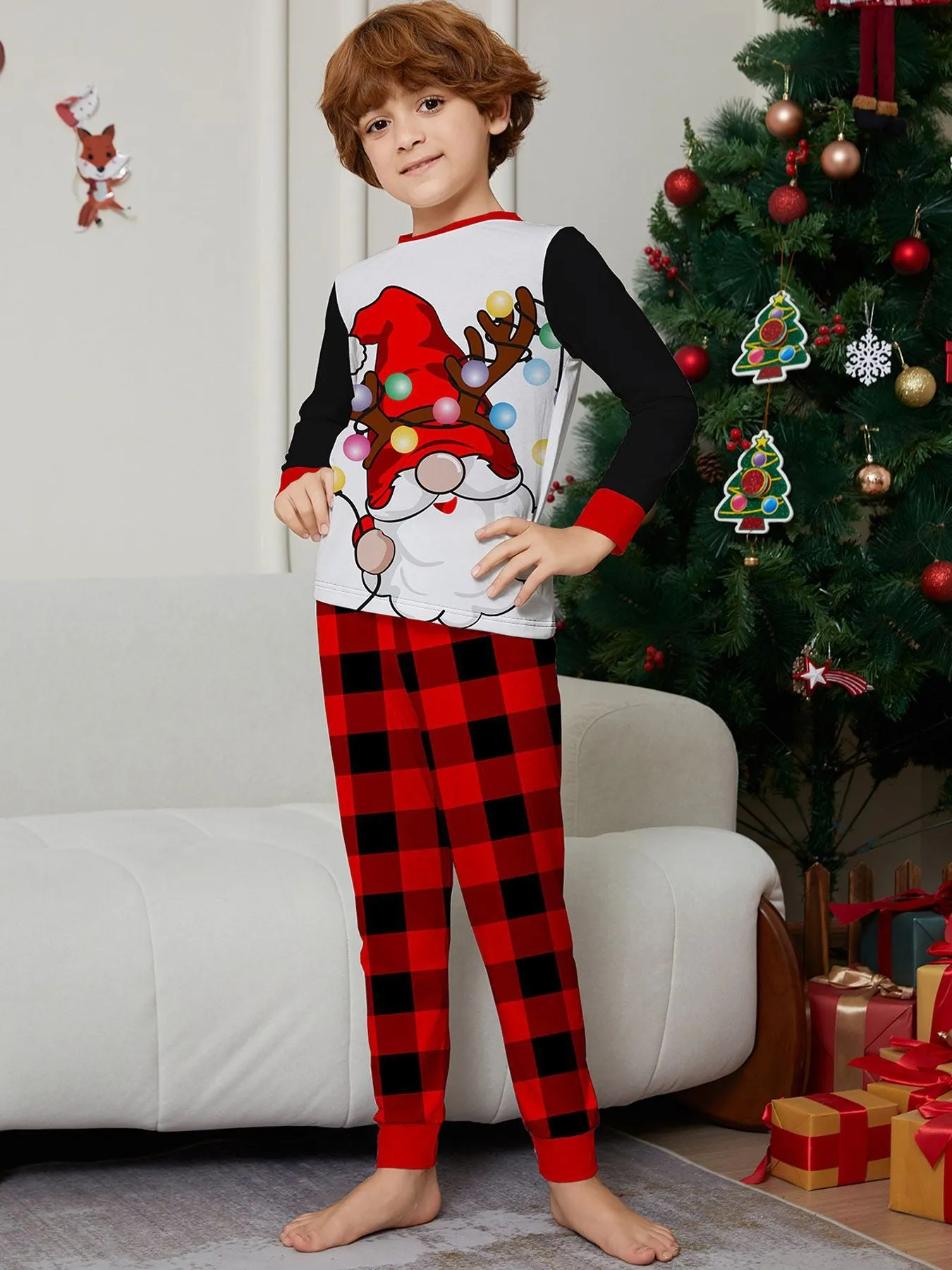 Colorful Lights White Bearded Santa Family Pajama Set
