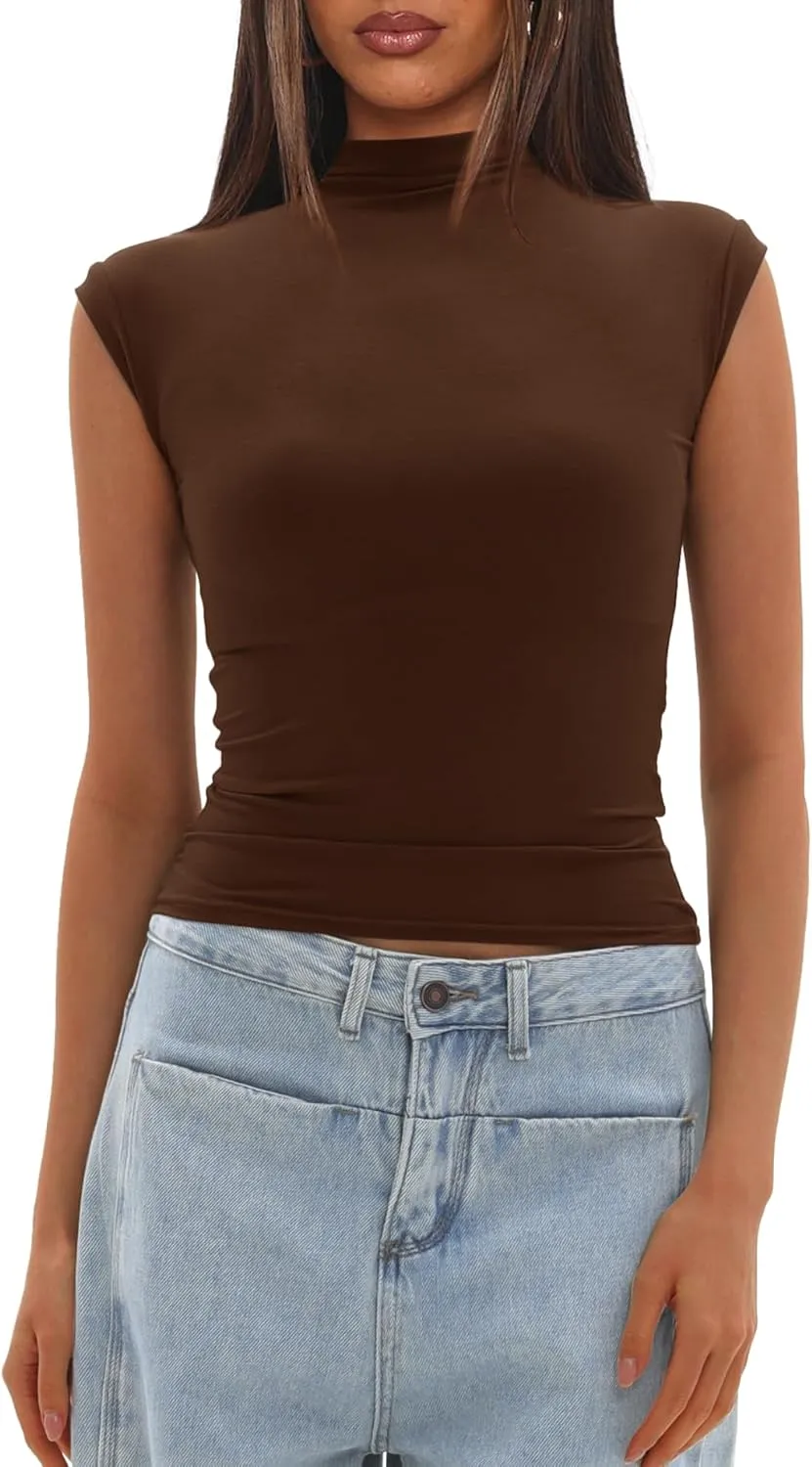 Darong Women's Summer Tops Cap Sleeve Side Ruched Going Out Top Mock Neck Slim Fitted Cute Shirts Y2K Tee