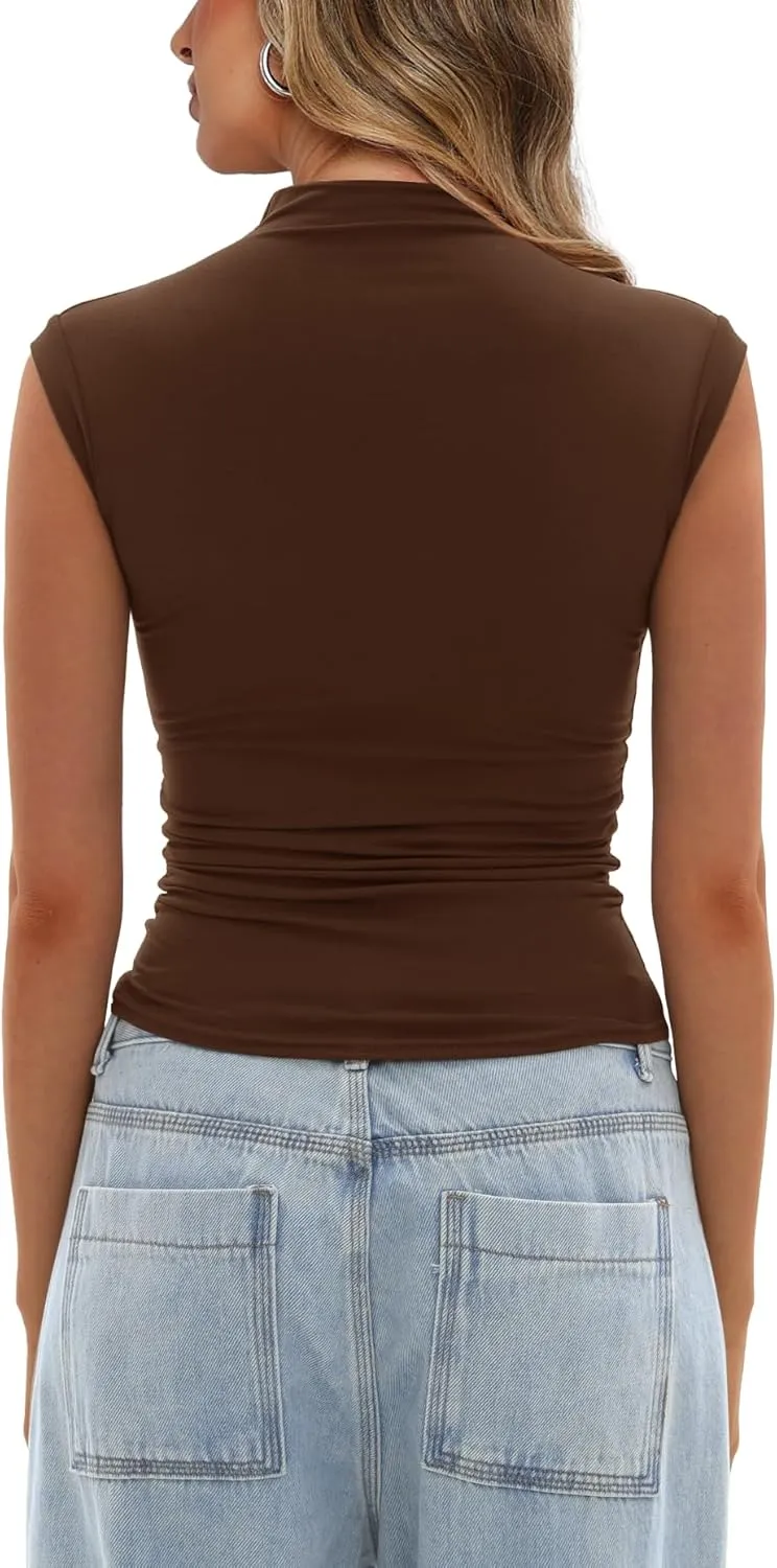 Darong Women's Summer Tops Cap Sleeve Side Ruched Going Out Top Mock Neck Slim Fitted Cute Shirts Y2K Tee