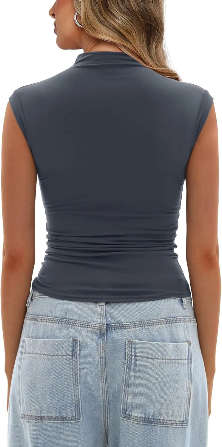 Darong Women's Summer Tops Cap Sleeve Side Ruched Going Out Top Mock Neck Slim Fitted Cute Shirts Y2K Tee