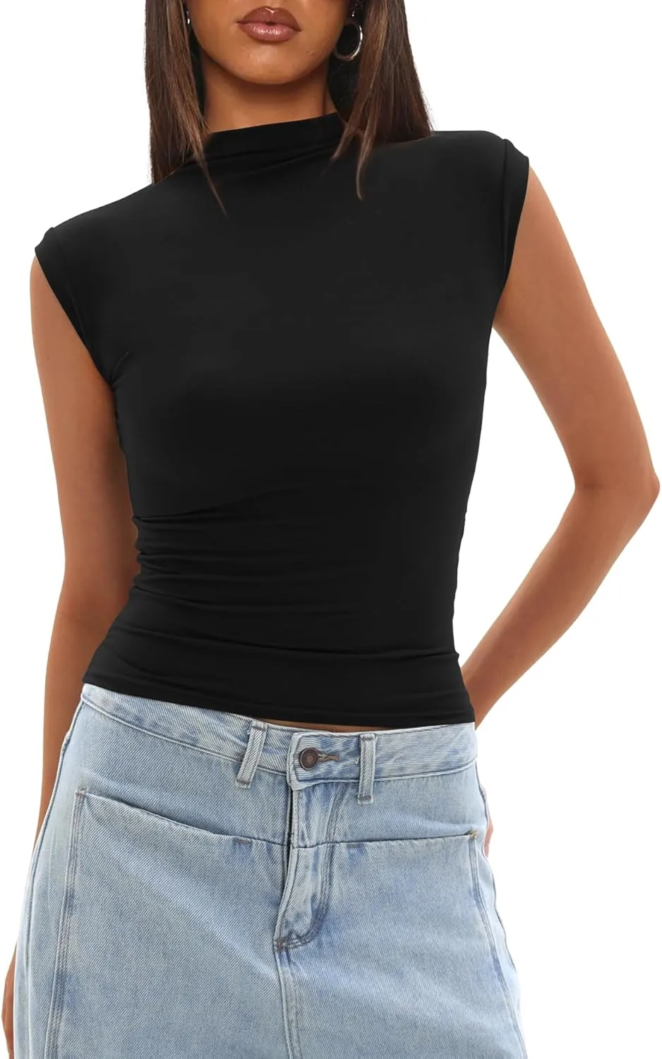 Darong Women's Summer Tops Cap Sleeve Side Ruched Going Out Top Mock Neck Slim Fitted Cute Shirts Y2K Tee