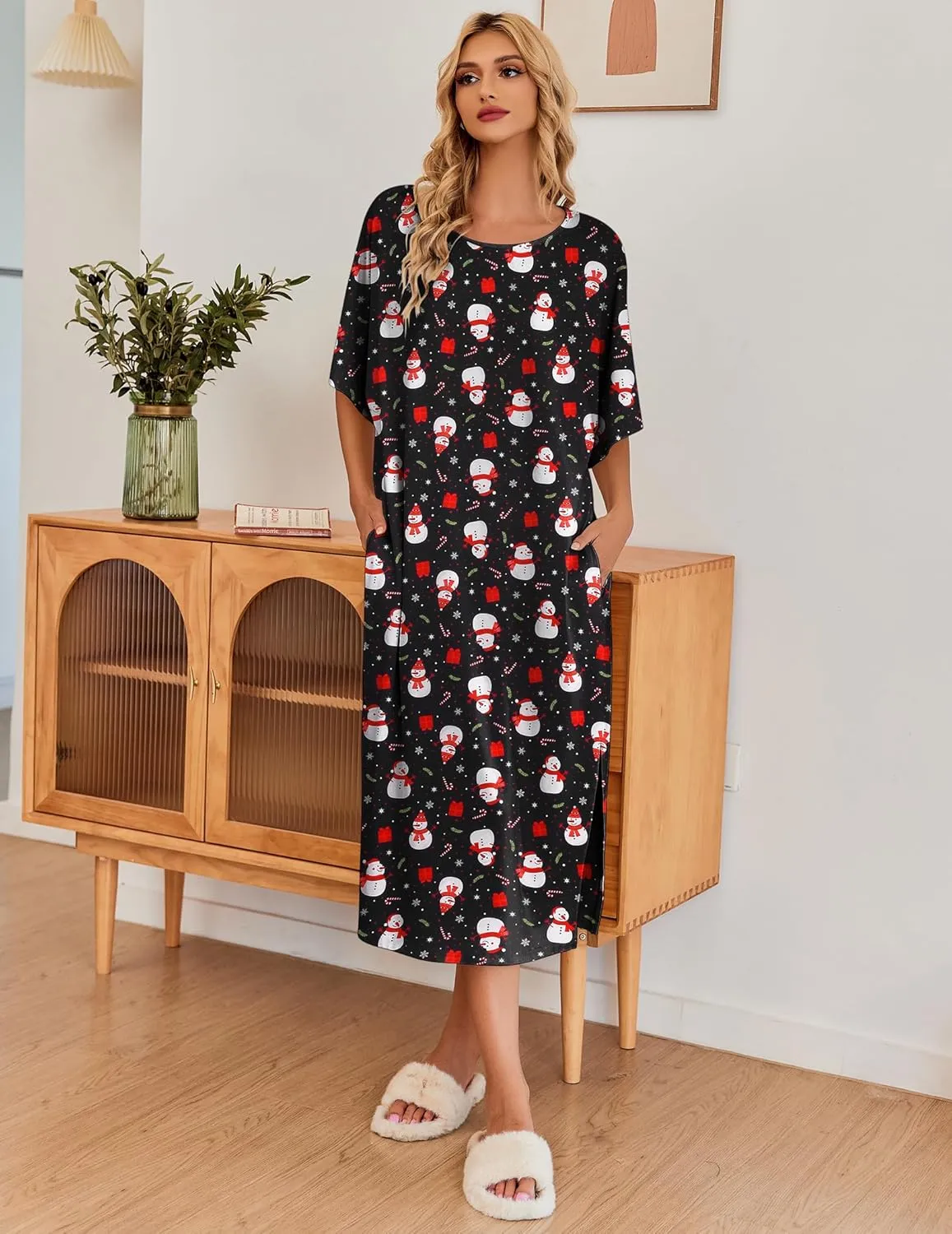 Ekouaer Women's Nightgown Short Sleeve Sleepshirt Long Loungewear Casual Maxi Lounge Dress House Dresses with Pockets