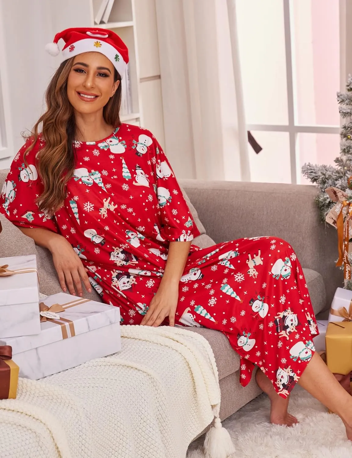 Ekouaer Women's Nightgown Short Sleeve Sleepshirt Long Loungewear Casual Maxi Lounge Dress House Dresses with Pockets